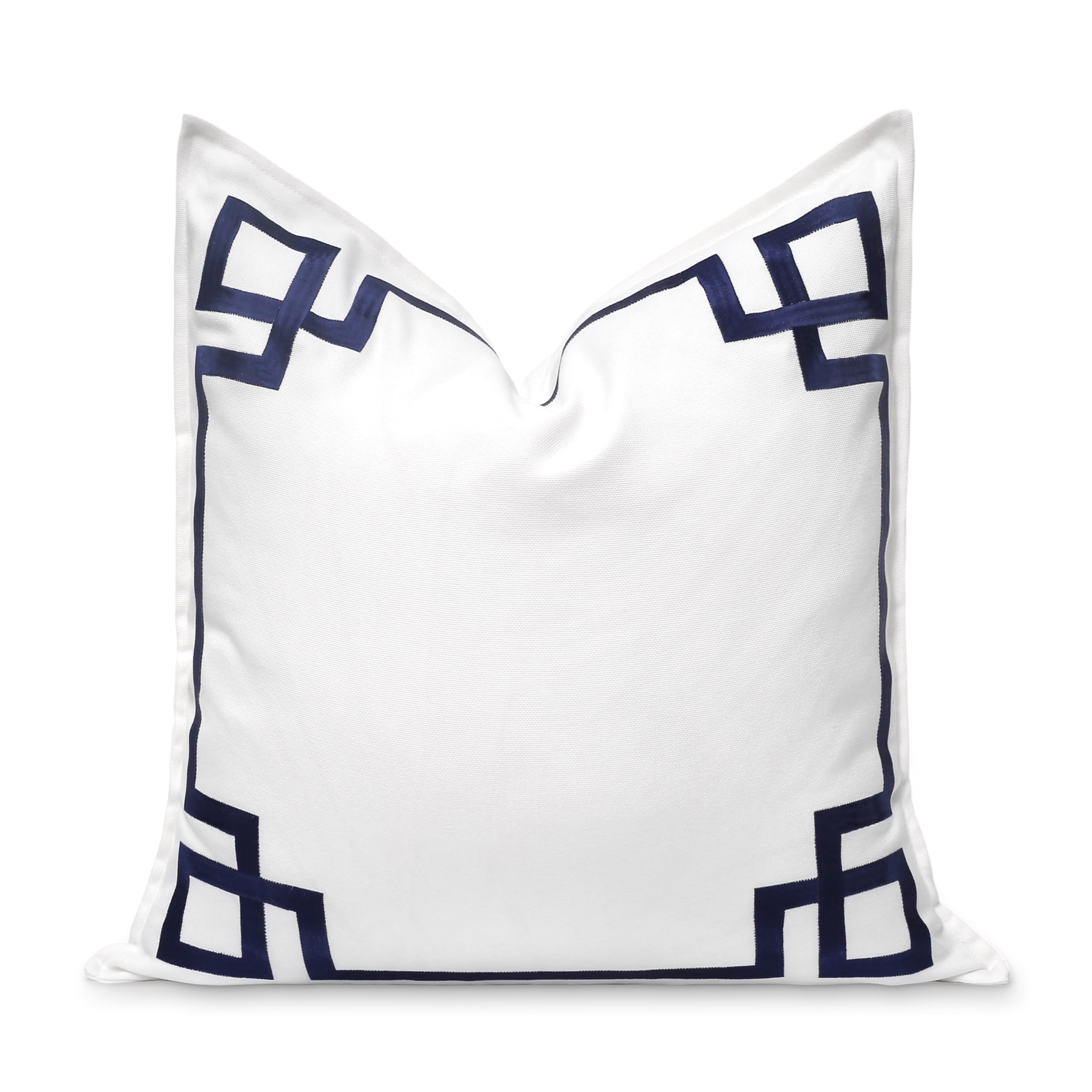 Hofdeco Premium Coastal Patio Indoor Outdoor Throw Pillow Cover Only, 20"x20" Water Repellent for Backyard, Couch, Navy Blue Embroidered Frame Greek