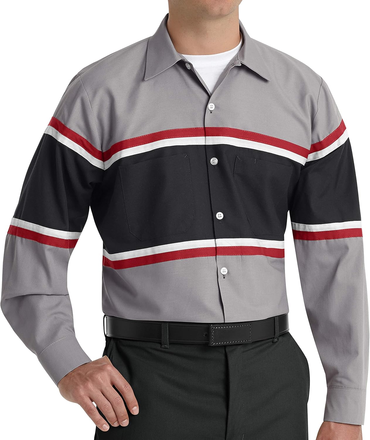 Red Kap Men's Technician Shirt, Grey/Black with Red/White, Small