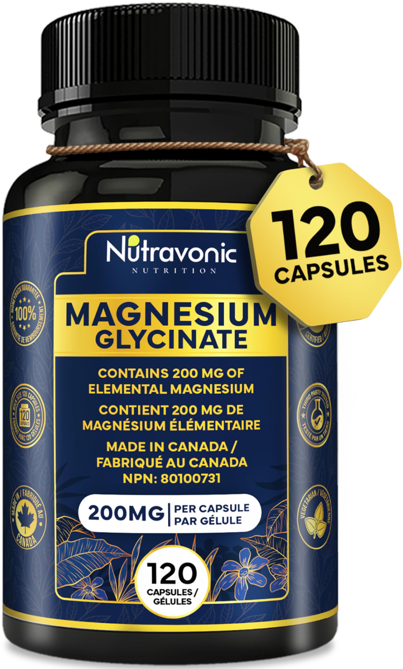 Magnesium Glycinate / BisGlycinate - 200 mg of Elemental Magnesium | 120 Caps, Gentle on Stomach | No Fillers | 2 Month Supply | Relaxes Muscles, Improves Sleep Quality, Enhances Bone Density, Balances Electrolyte Levels, Maintains Proper Muscle Functions | Vegan, Made in Canada. Nutravonic Nutrition.