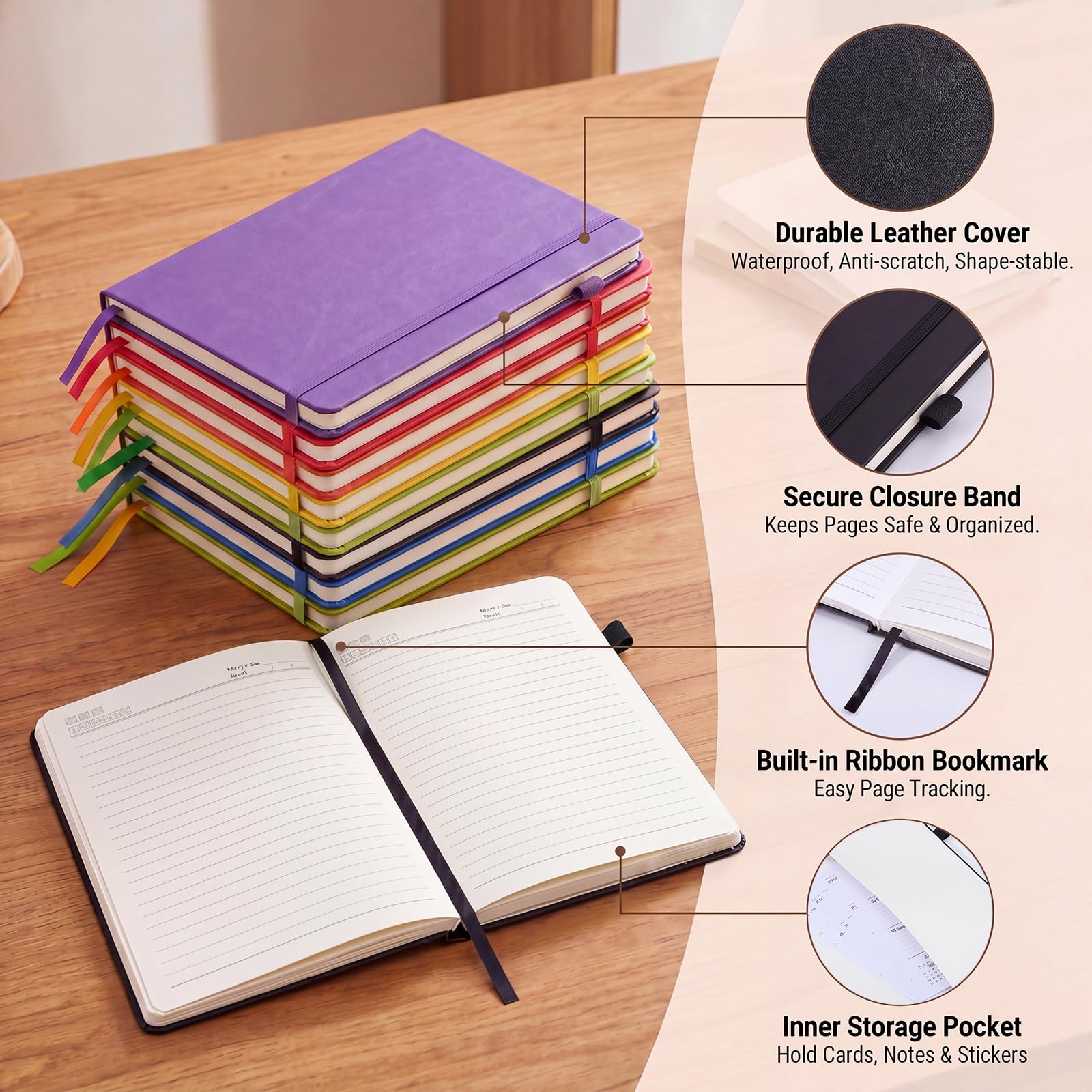 Thboxes 8 diari A5 in pelle con copertina rigida con passante per penna, segnalibro e tasca interna, 120 fogli di carta bianca a righe, colorati, per ufficio, scuola, viaggi d'affari