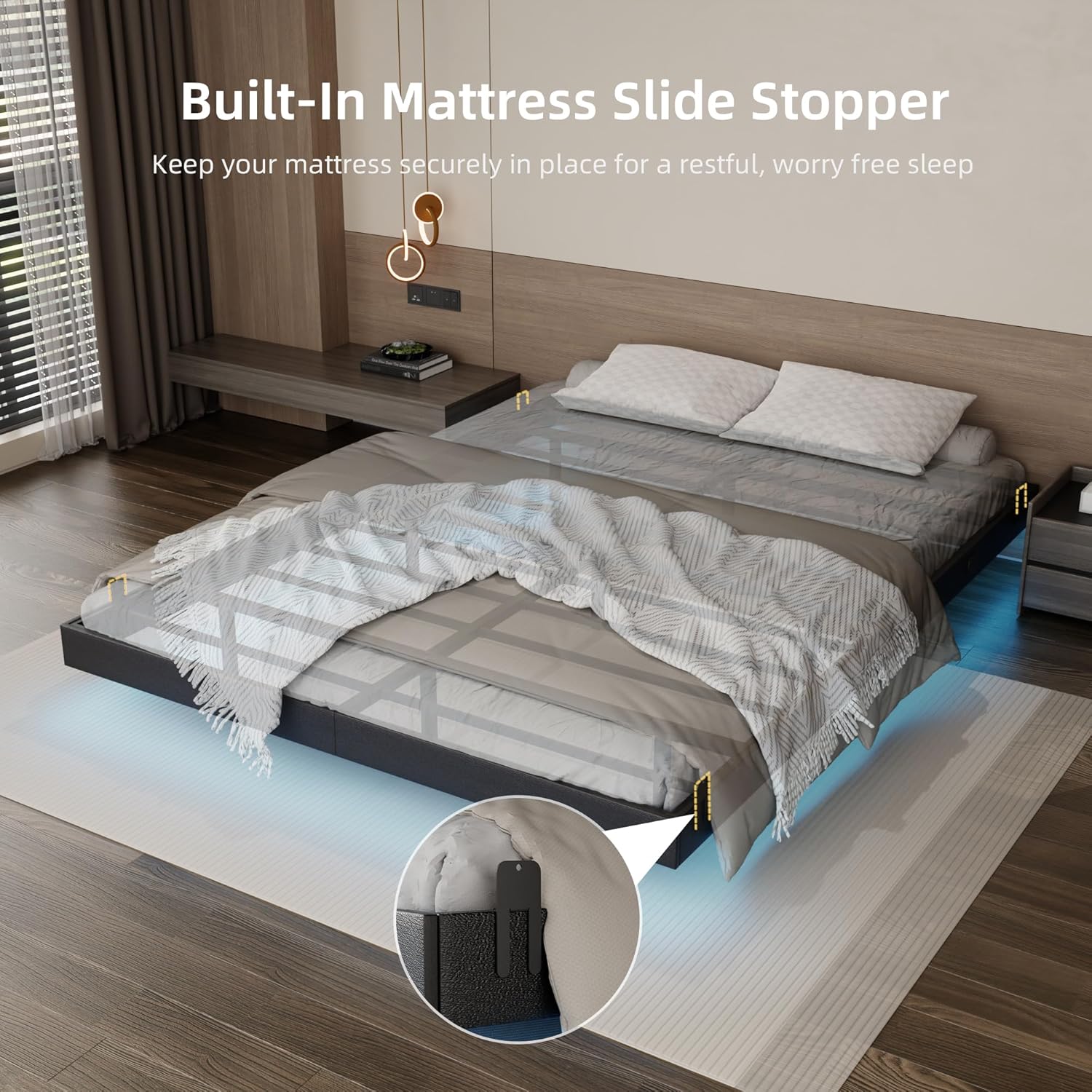 Floating Bed Frame Full Size with LED Lights and Charging Station, Black PU Metal Platform Bed Frame, Easy Assembly, No Box Spring Needed (Full)