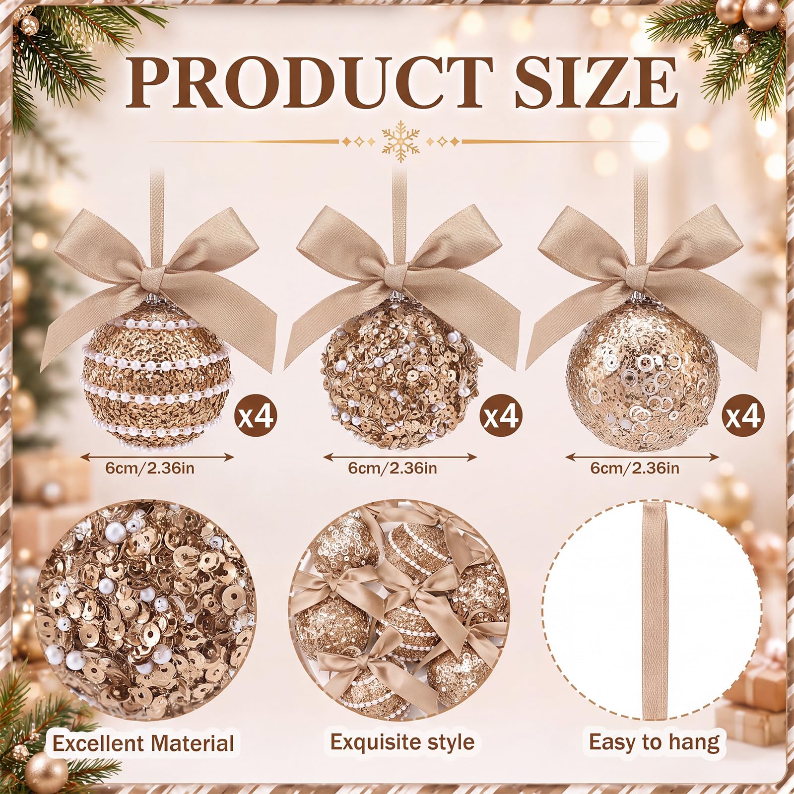 Hungdao 12 palline di Natale color champagne, 60 mm / 2.36in, con fiocco glitterato, da appendere, scintillanti, infrangibili, in plastica, da appendere, per feste di Natale
