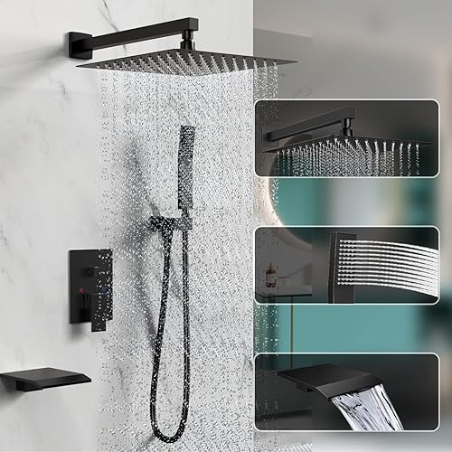 Miniatura 4 de Sistema de ducha de lluvia, juego de grifo de ducha de 12 pulgadas con boquilla de bañera, juego de grifos de ducha de cascada montado en la pared