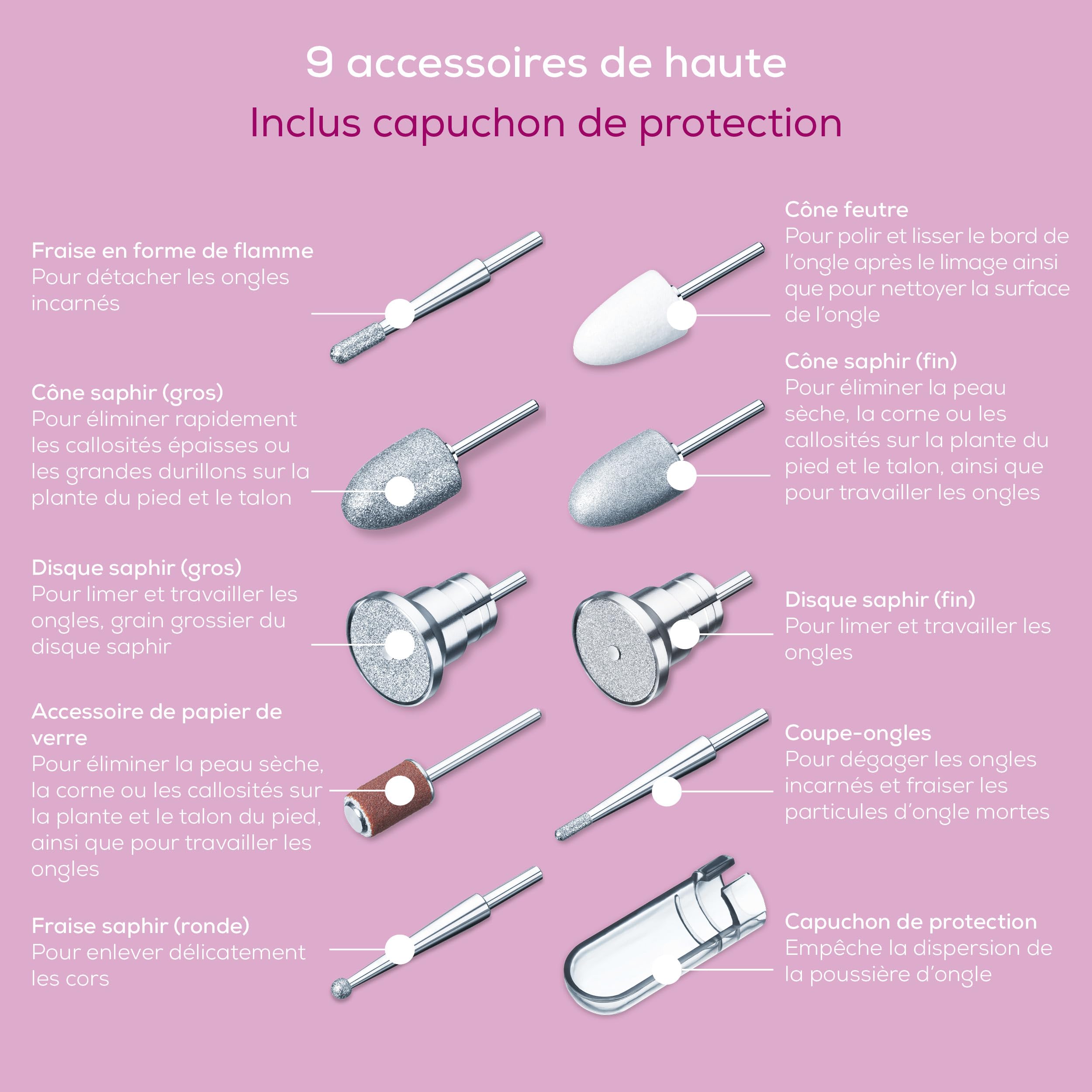Beurer MP 100 Station professionnelle de manucure/pédicure, ponceuse pour ongles avec 10 embouts en saphir et feutre, embout de protection contre la poussière d'ongles, jusqu'à 20.000 tr/min