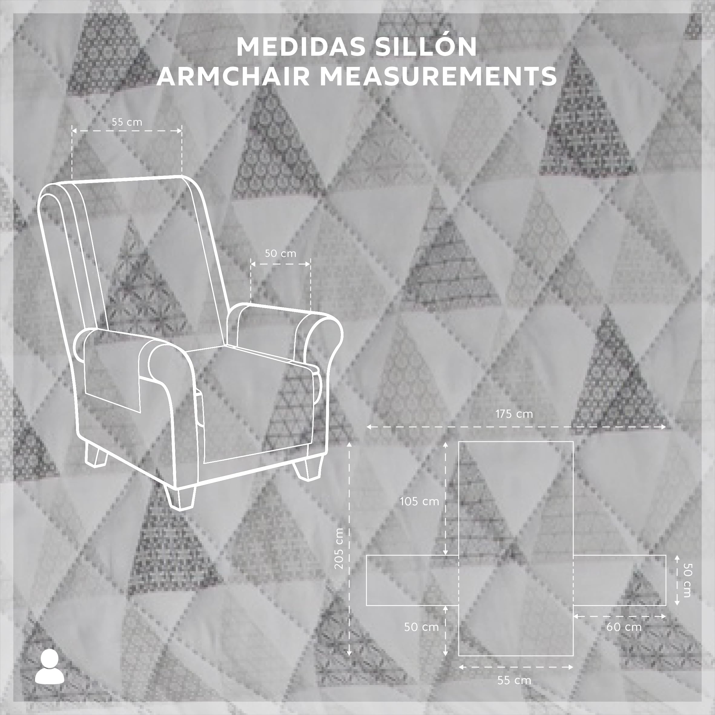 Textilhome Copridivano Malu 1 Posti con Braccioli – Copripoltrona Relax e Orecchioni Reversibile, Imbottito, Protezione Antigraffio per Divani, Colore C/2