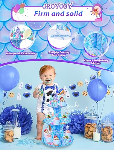 Miniatura 5 de JroyJoy Soporte para cupcakes de sirena, 3 niveles con decoración de tartas y envoltorios de cupcakes y juego de pancartas de feliz cumpleaños,