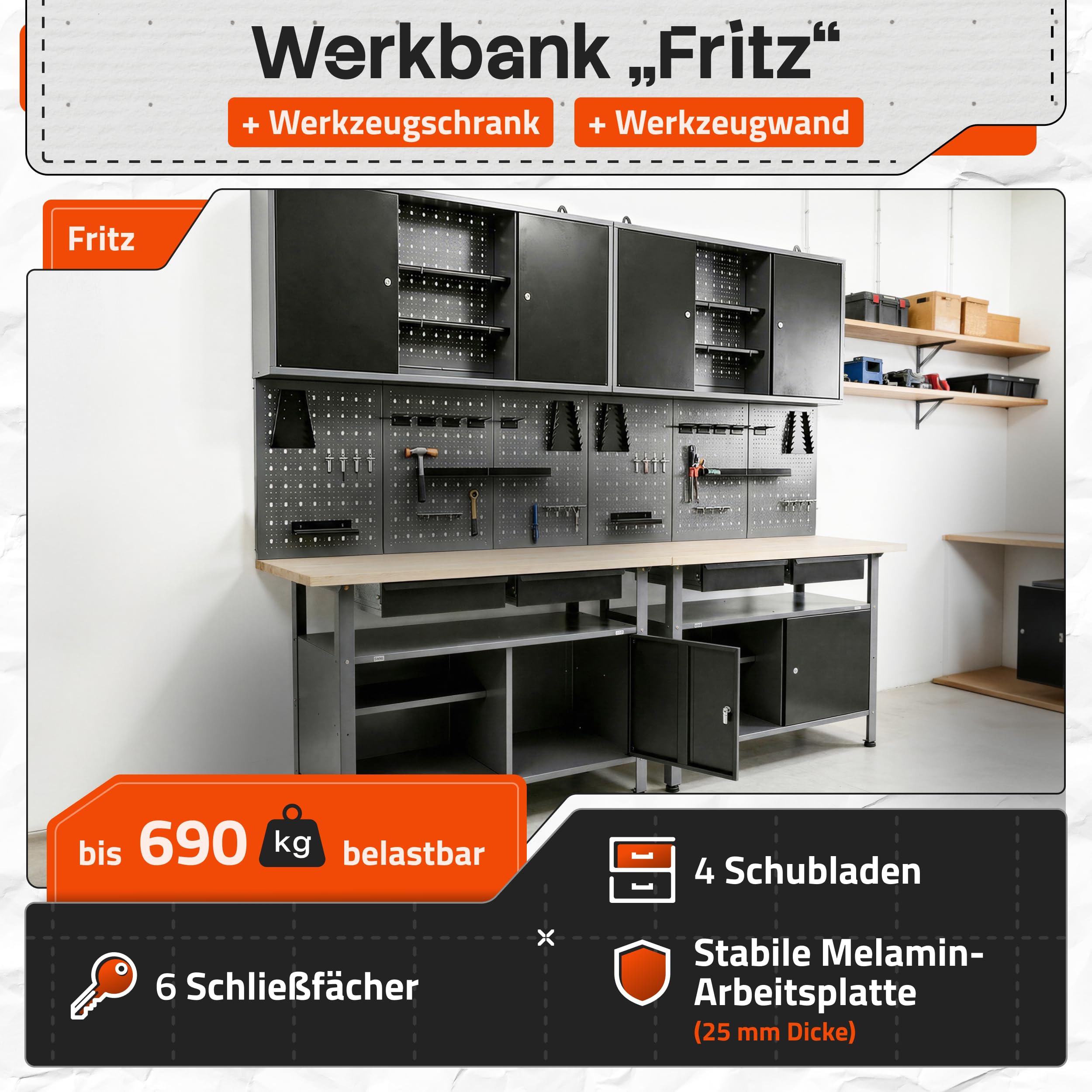 Ondis24 Werkstatteinrichtung Werkstatt Set Werkbank Fritz Hängeschrank Werkzeugwand Metall Schwarz Grau (Hängeschrank Kurt, 240 cm)