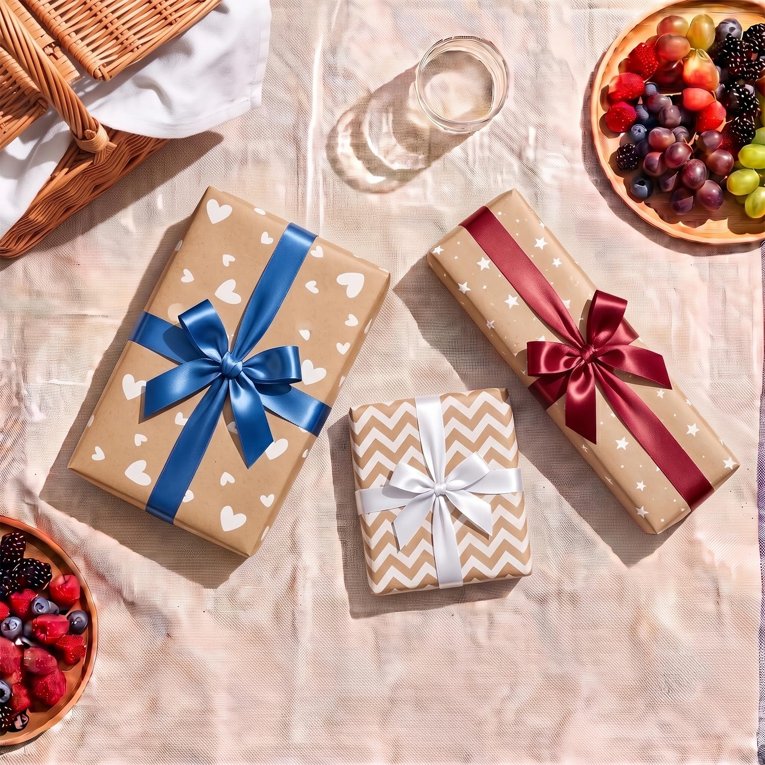 Confezione da 3 rotoli carta regalo 0,5 x 3 m • KRAFT STAMPA VARIATA - Con etichette • Ideale per: Negozi Business Commercio Avvolgere regali Compleanno Baby Shower Matrimoni Decorazione [FP Fiesta