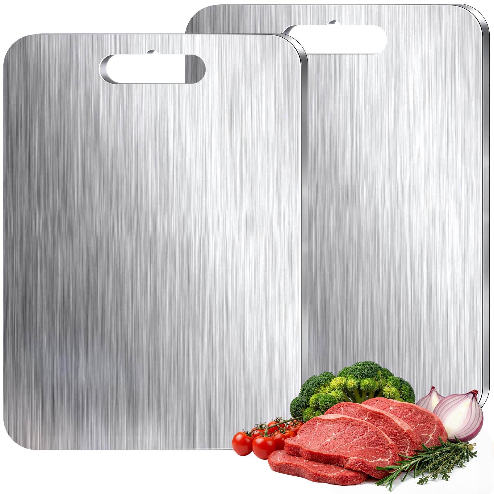Lounsweer 2 Pack Stainless Steel Cutting Board for Kitchen Thickened Safe Metal 304 Stainless Non Stick Chopping Cutting Board for Dishwasher Meat Fruit Vegetable Bread Pizza(13.4 x 9 x 0.08 Inch)