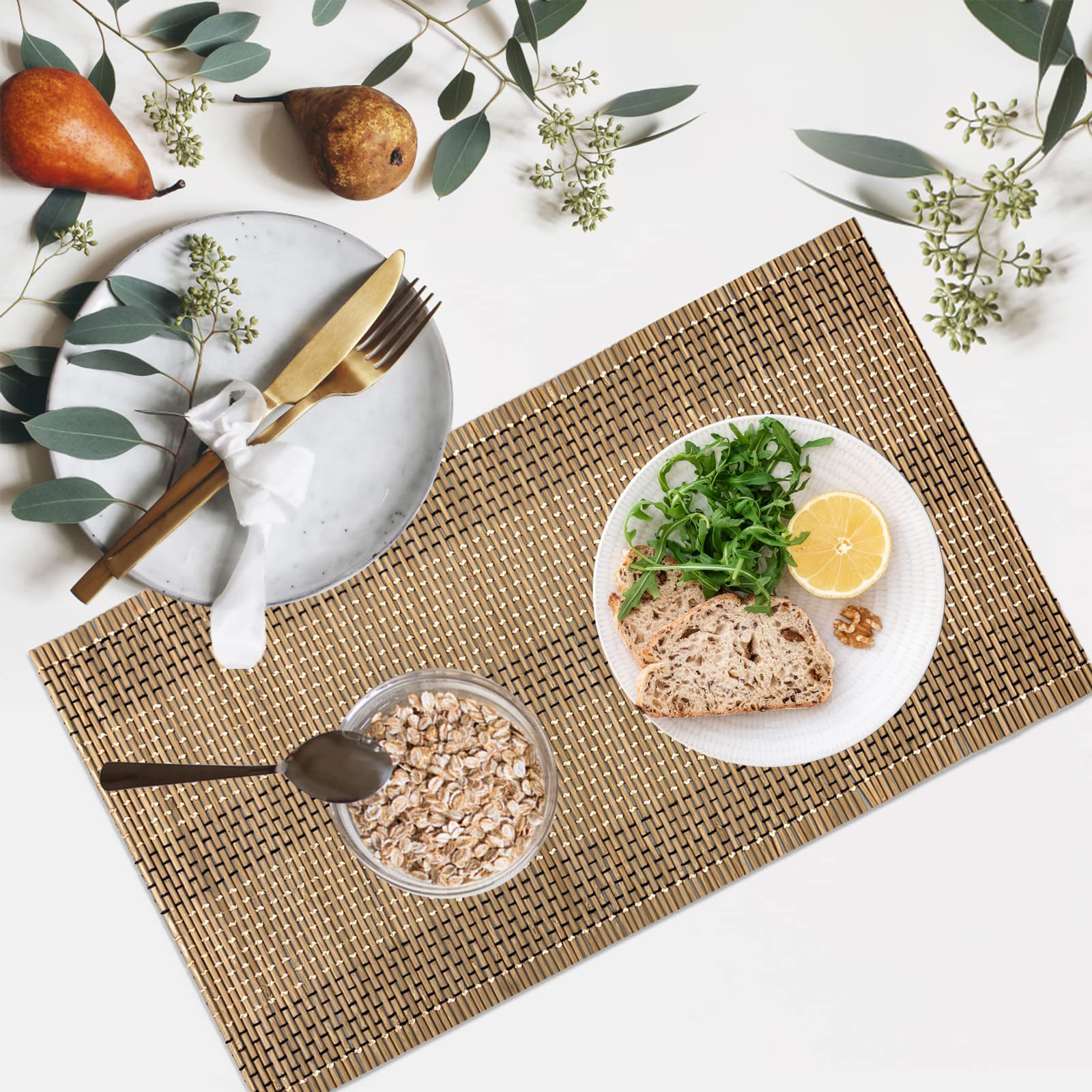 Juego de 4 manteles individuales de bambú de tejido moderno, antideslizantes, de bambú, lavables, resistentes al calor, para decoración de mesa de cocina, comedor (12 x 24 pulgadas, marrón)