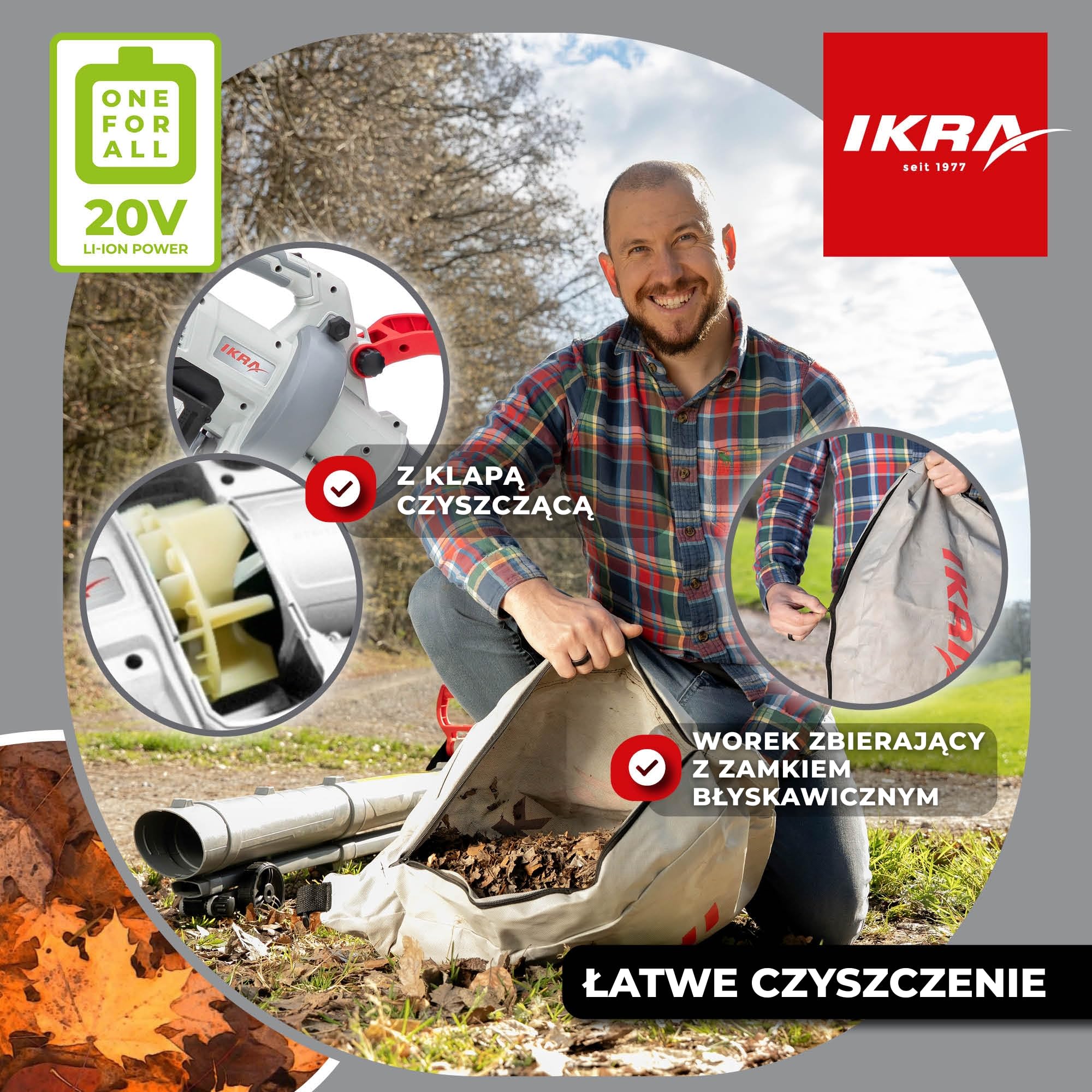IKRA Odkurzacz i dmuchawa do liści IALS 2-20, z 2 akumulatory i ładowarka | Funkcja ssania i dmuchawy z przełącznikiem, do 210 km/h, worek 45 l, pas naramienny, system akumulatorowy IKRA 20V
