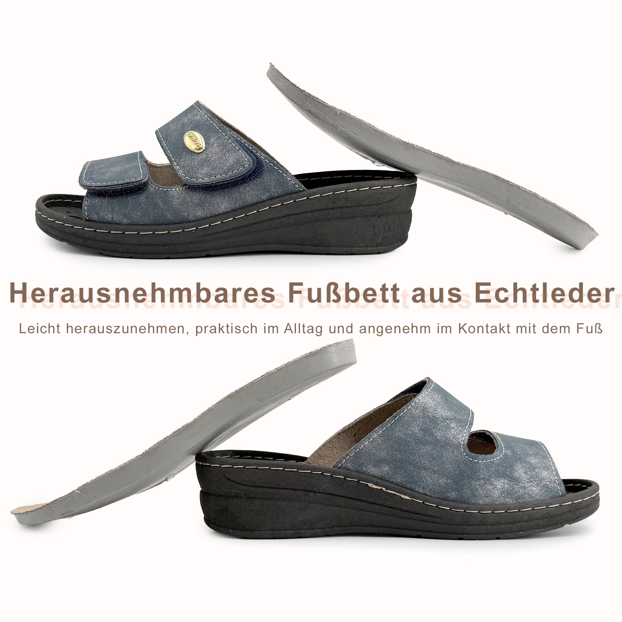 JOMIX Damen Pantoletten Orthopädische mit Klettverschluss Sommer Hausschuhe Anatomisch Ergonomisch Herausnehmbares Lederfußbett Verstellbar Bequemer Keilabsatz für ältere Damen