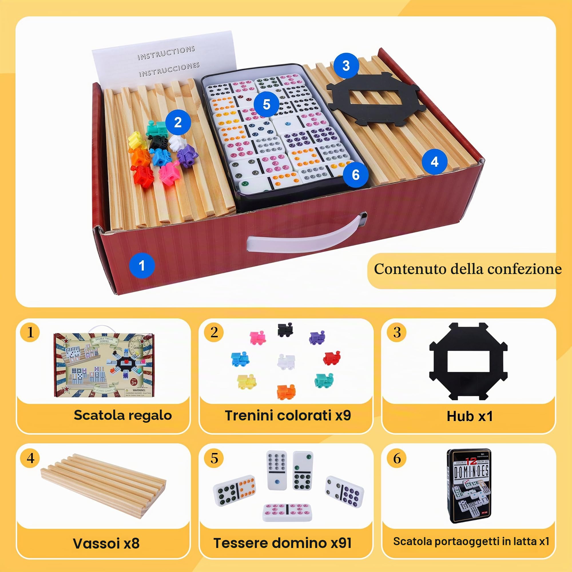 Set di Dominò Zug con 8 Vassoi in Legno/Supporto, 91 Fogliette, Domino Messicano Domino Doppio 12 con Scatola di Latta, Gioco da Tavolo Classico per Bambini, Adulti e Famiglie