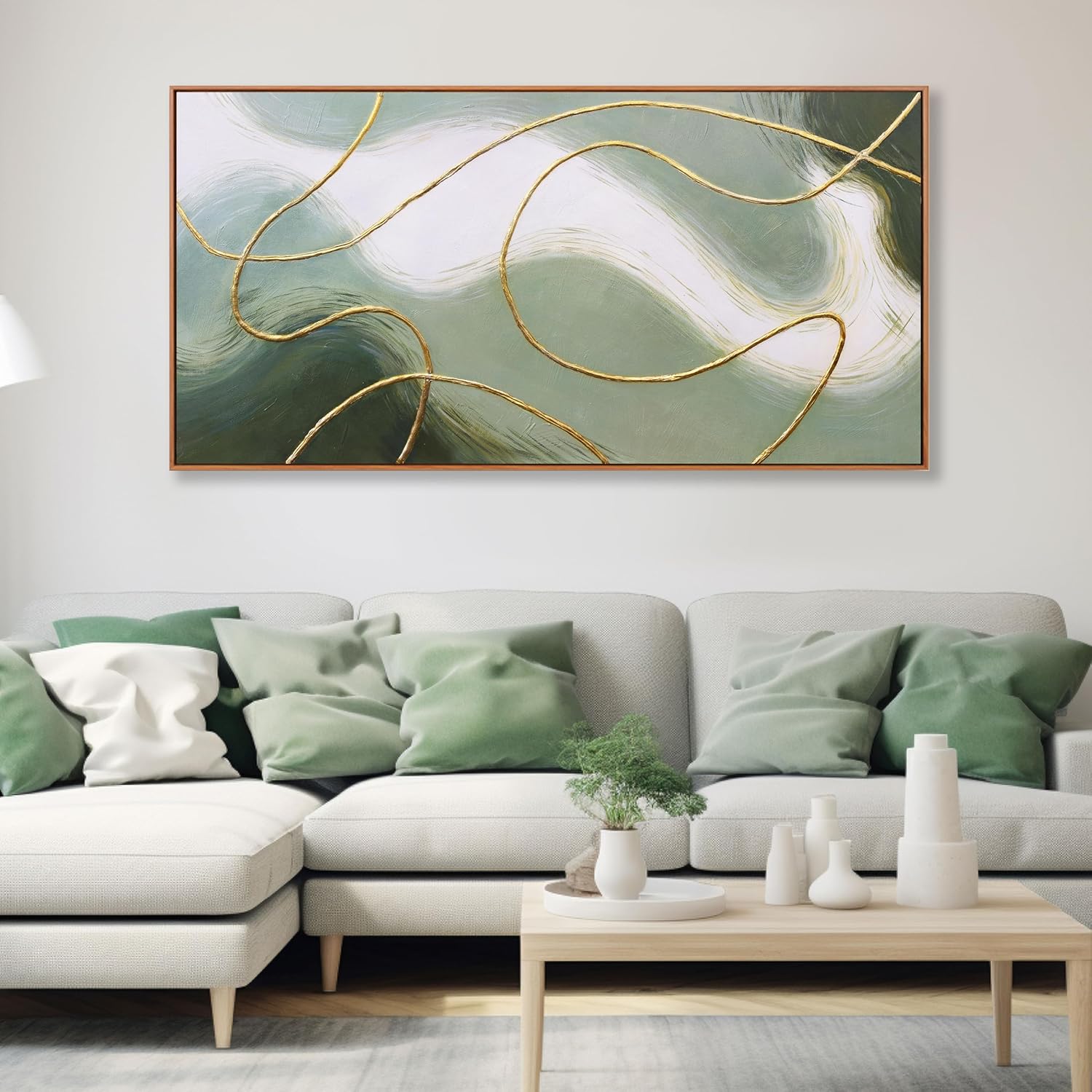 Abstract Wall Art Minimalism Green White and Gold Lines Boho Canvas Wall Decor Framed Artwork Modern Home Wall Decor for Living Room Bedroom Office 20"x40"