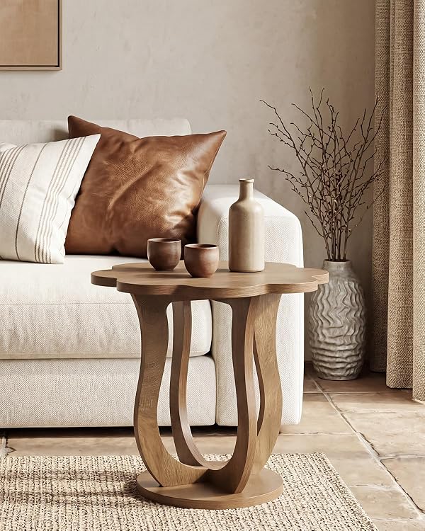 LITTLE TREE Small Side Table, 25.6" Flower-Shaped Drink Table, Sturdy Wood Pedestal Nightstand, Modern Accent Cocktail Drink Stand, Plant Stand for Living Room, Bedroom, Rustic Brown, 2PCS by LITTLE TREE - Image 5