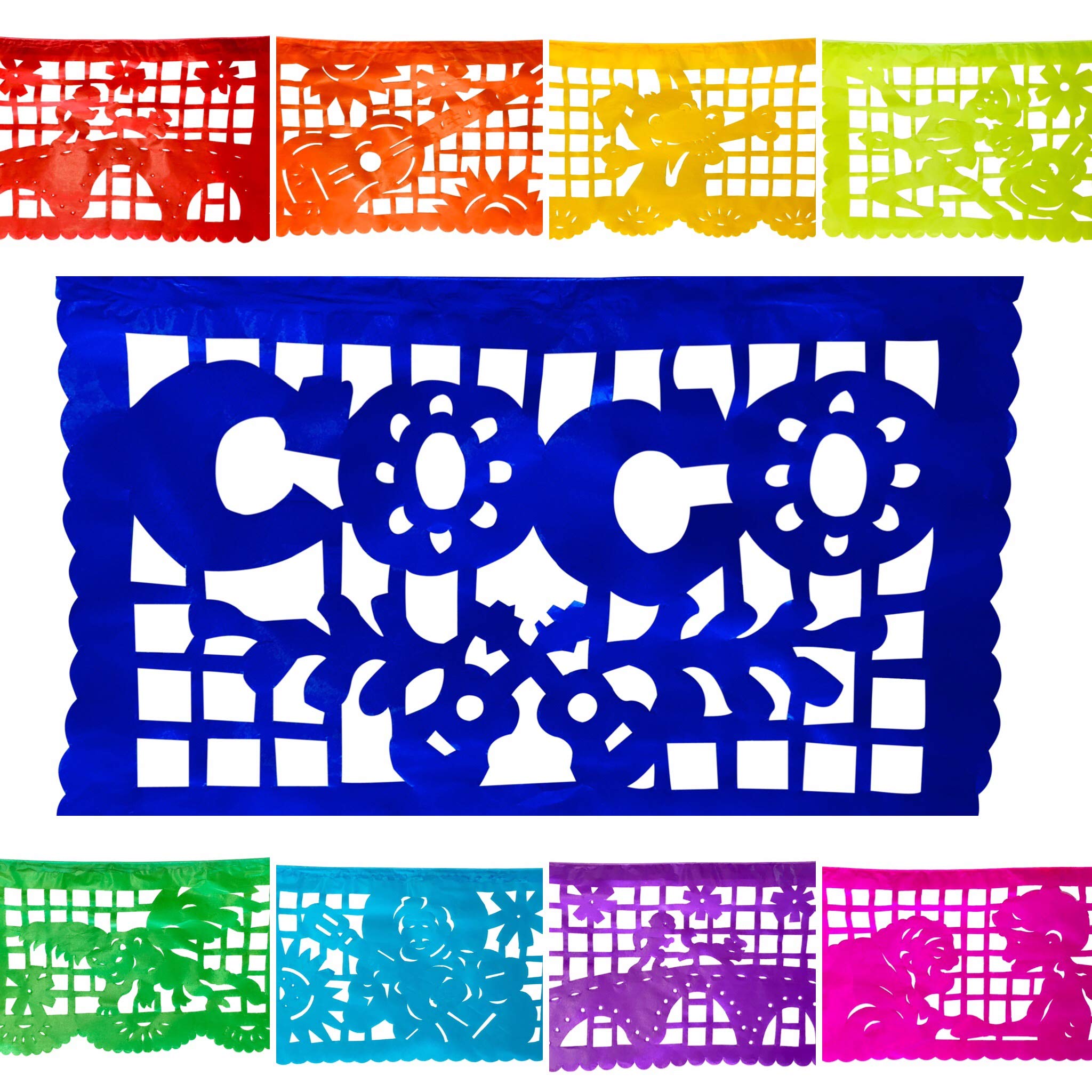 TexMex Fun Stuff 30 Ft Papel Picado Tissue Paper Mexican Banners with Iconic Coco Movie Scenes, Mexican Party Decorations, Set of 2-15 Ft Mexican theme Party Decorations with Disney Coco Party Banners