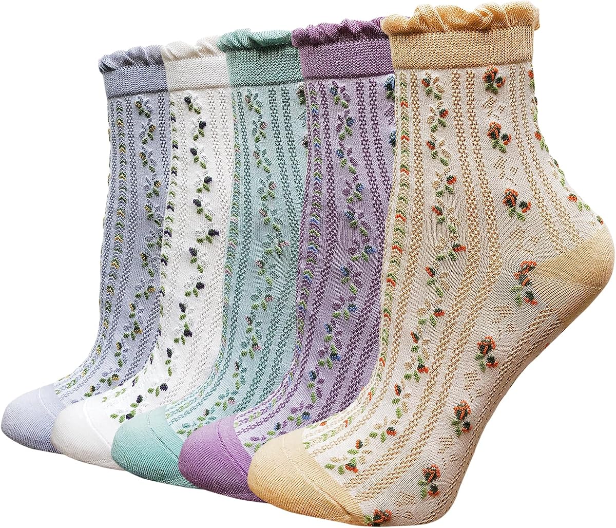 DXYAKY 5 Pairs Womens Floral Cotton Socks Vintage Patterned Crew Socks Novelty Ankle Ruffled Warm Casual Dress Socks