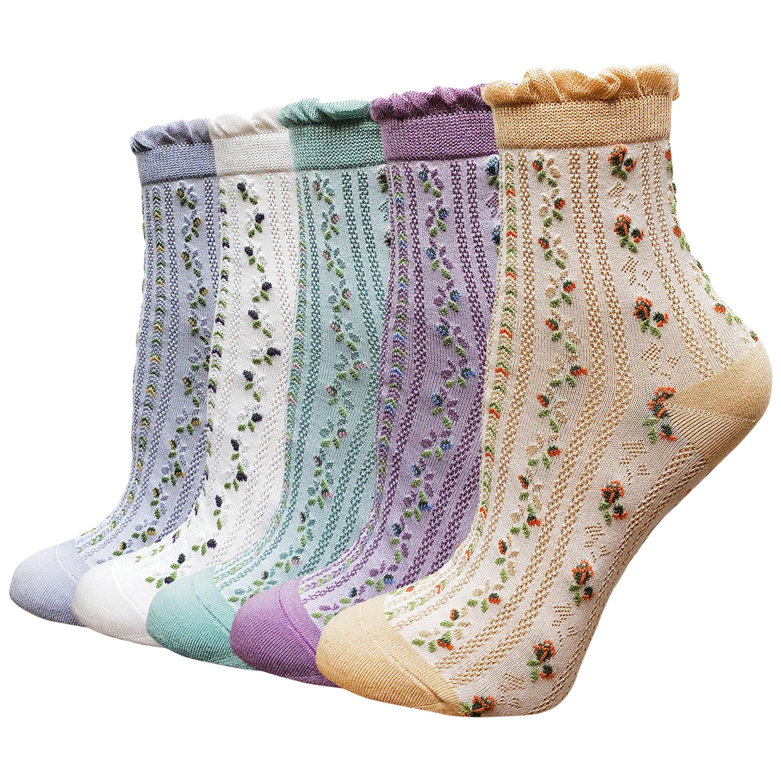 5 Pairs Womens Floral Cotton Socks Vintage Patterned Crew Socks Novelty Ankle Ruffled Warm Casual Dress Socks-image-8