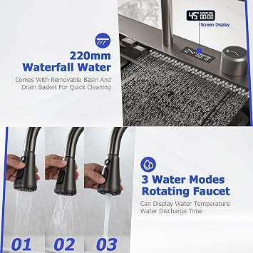 75 x 50 cm Large Size Kitchen Sink, Stainless Steel, Rectangular, 1 Basin Made of Waterfall Sink, Multifunctional Bar Sink, Kitchen Sink for Workplace, for Home Use