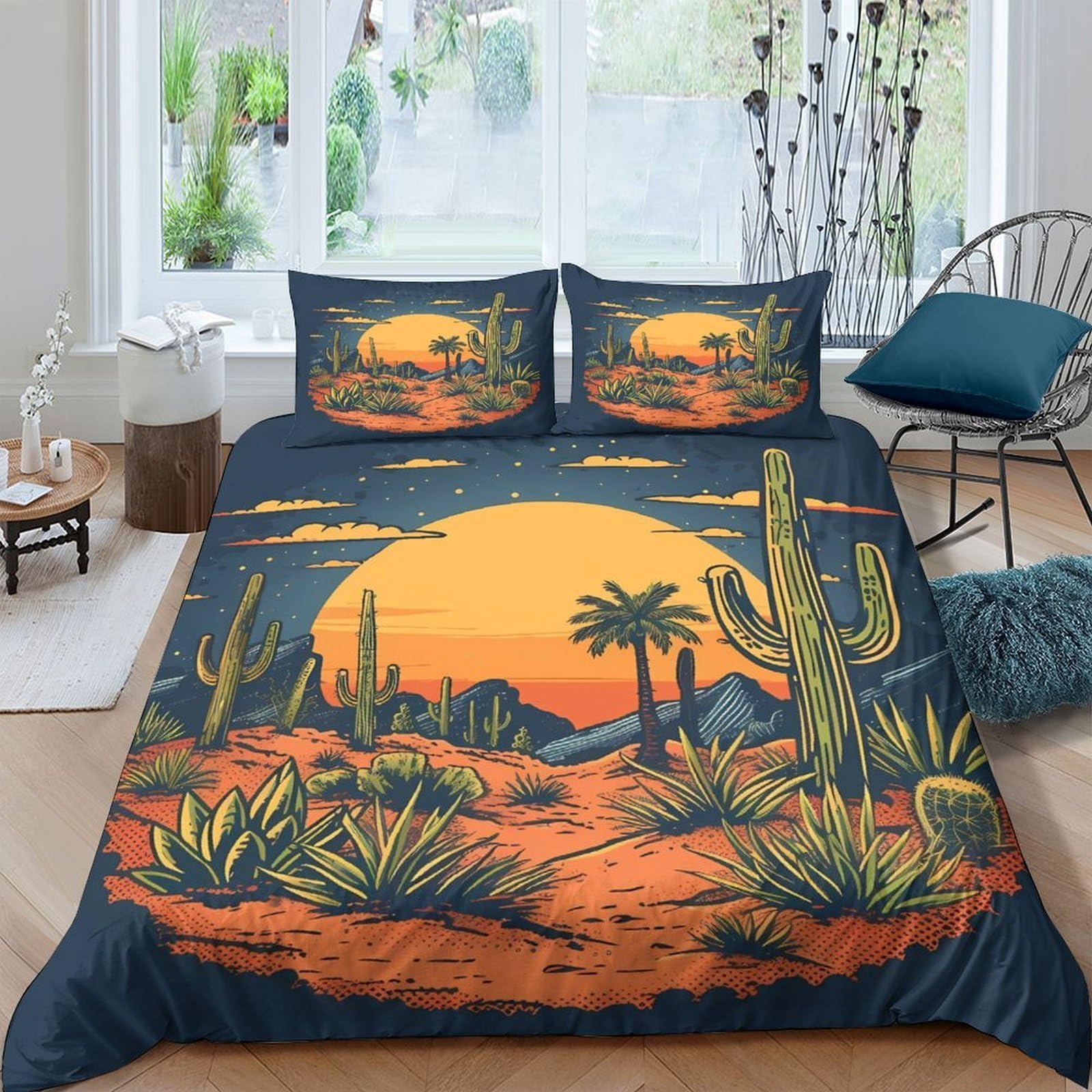 Ctjqhvkz Style-10 3D Printed Sunset Desert Fitted Sheet Microfiber Soft Cactus Landscape Bed Cover For Bedroom Guest Room Decor Single（135X200cm）