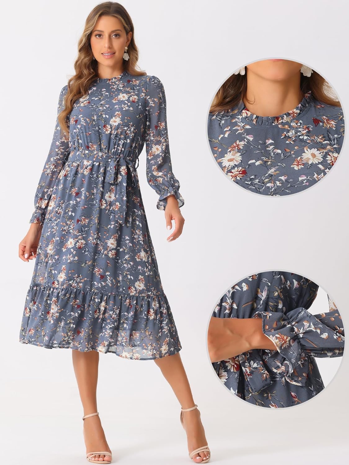 Allegra K Fall Casual Floral Dress for Women 2025 Long Sleeve Crew Neck Chiffon Midi Tea Party Ruffle Dresses - Image 3