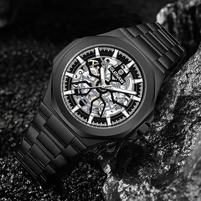 Men's Watch Self-Wind Watch for Men Skeleton Automatic Watch Mechanical Watch Stainless Steel Wristwatch Sliver & Black