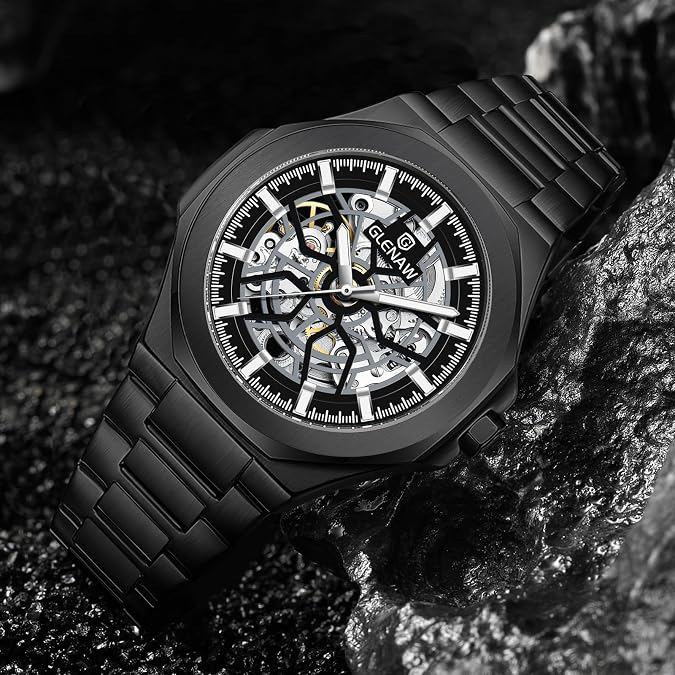 Men's Watch Self-Wind Watch for Men Skeleton Automatic Watch Mechanical Watch Stainless Steel Wristwatch Sliver & Black