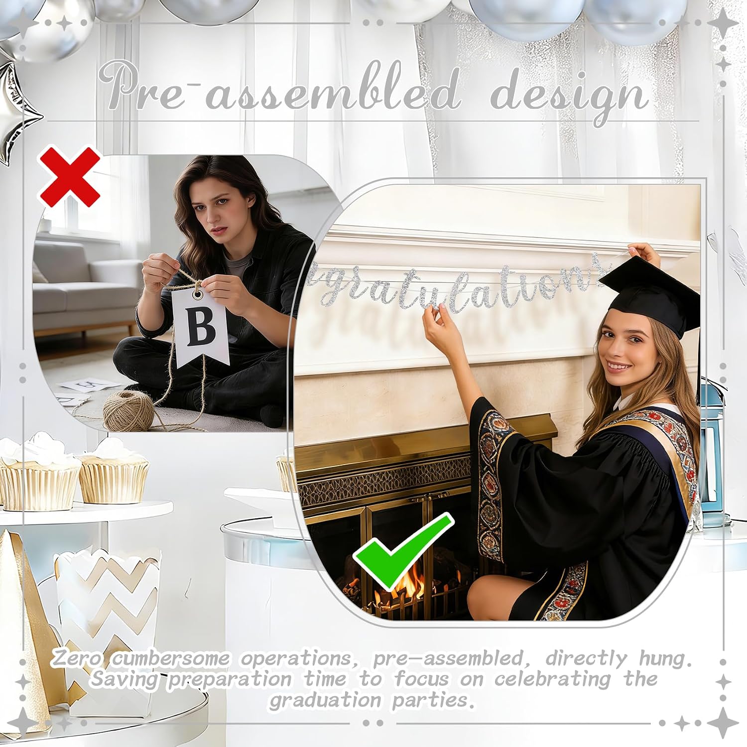 2026 Graduation Banners Party Decorations, Glitter Congratulations with Grad Cap Garland, Graduation Banners for Congratulation Graduations Party Supplies, School, Home, Car Decorations (Silver) image 3
