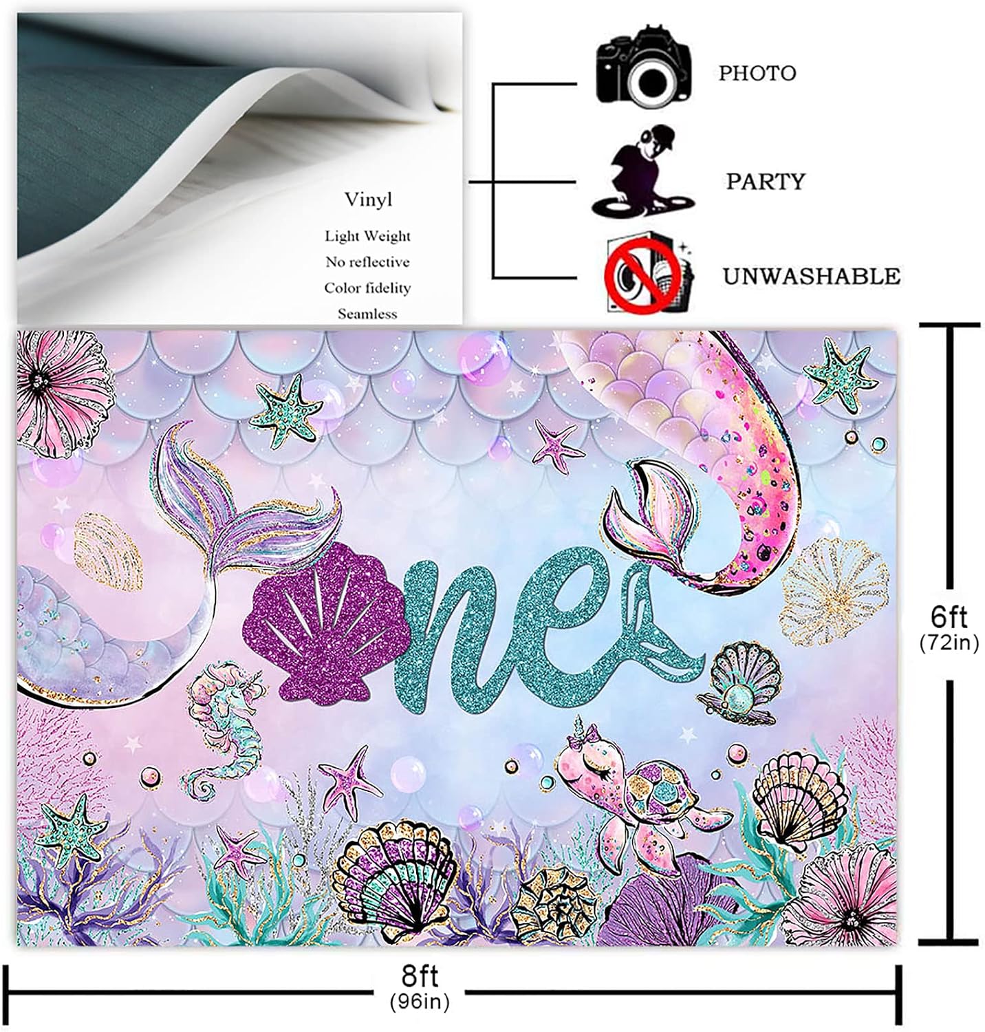 Avezano Mermaid First One Birthday Backdrop for Girl Under The Sea Bday Party Glitter Mermaid Tail Photoshoot Photography Background Mermaid 1st Birthday Party Decoration Supplies (8x6ft)