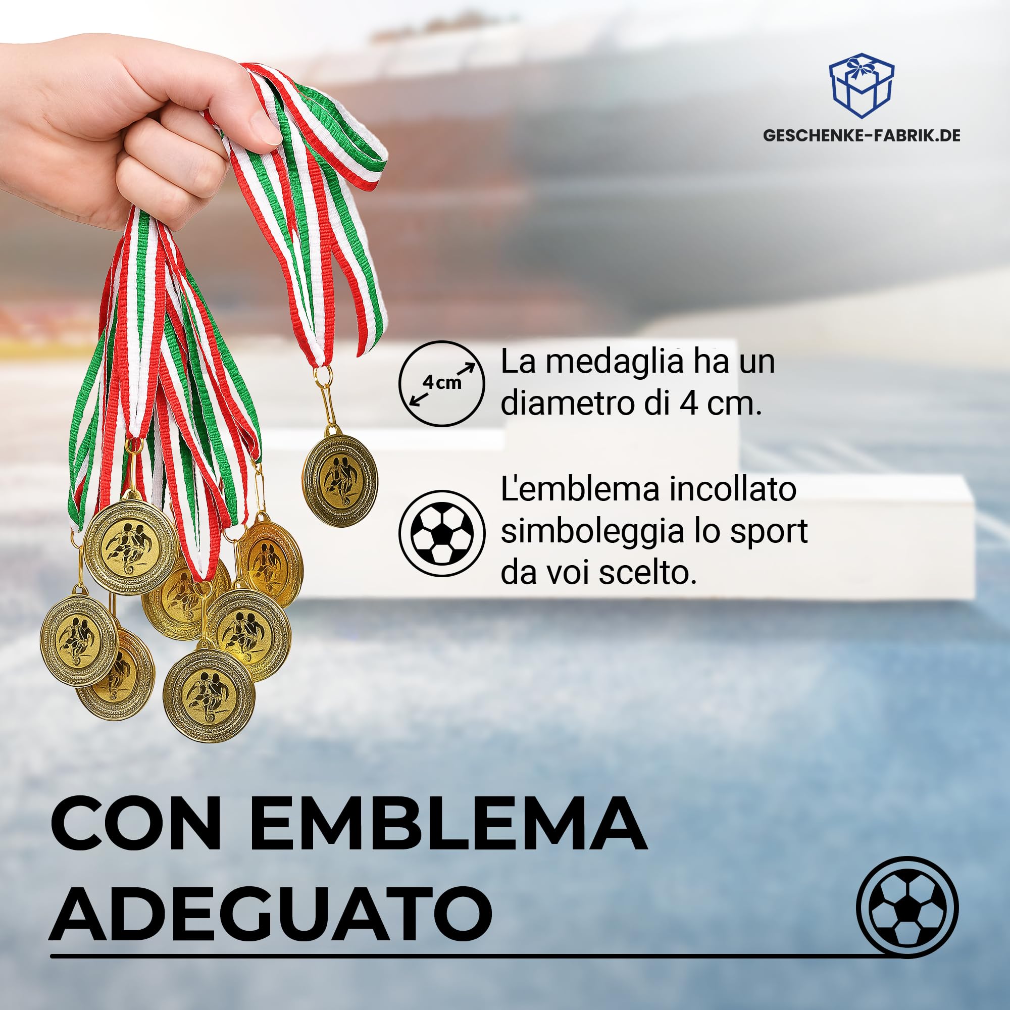 Pokal-Fabrik – Set di 10 medaglie da Calcio in Metallo Dorato con Nastro Blu-Bianco-Rosso – Medaglie per Bambini, Club e tornei – Ideali per premiazioni e competizioni