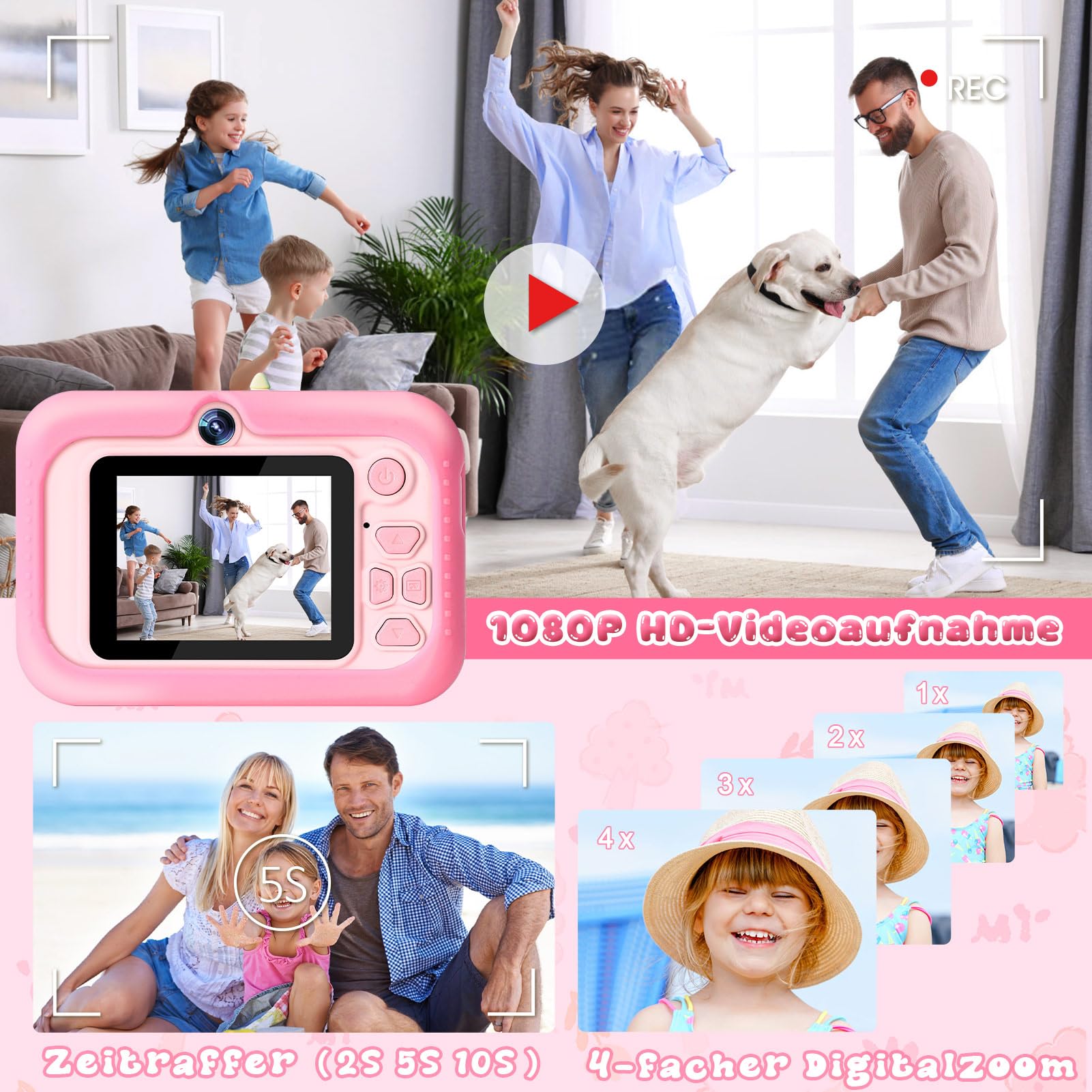 MILFECH 1080P HD 2,0-Zoll-Bildschirm Digitalkamera Kinder mit Selfie Video Kamera 32GB-Karte für 3-12 Jahre Jungen Mädchen Spielzeug Dinosaurier Fotoapparat Rosa