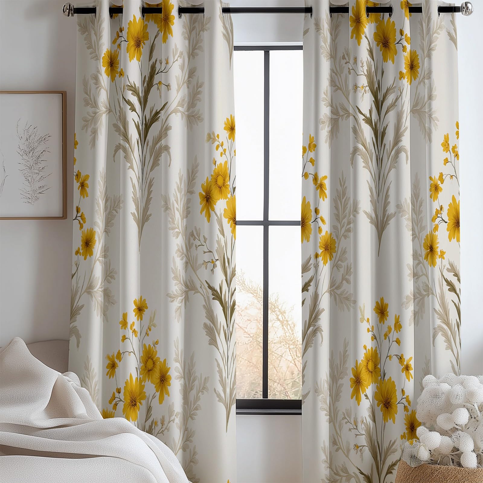 Rideaux de chambre occultants à motifs fleurs jaunes pour une ambiance campagne chic