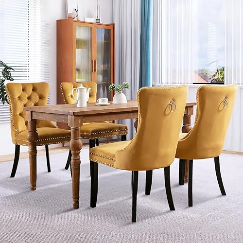 Miniatura 58 de Juego de 6 sillas de comedor de terciopelo, sillas de comedor tapizadas acolchadas con ribete de tachuelas y patas de madera maciza para cocina,