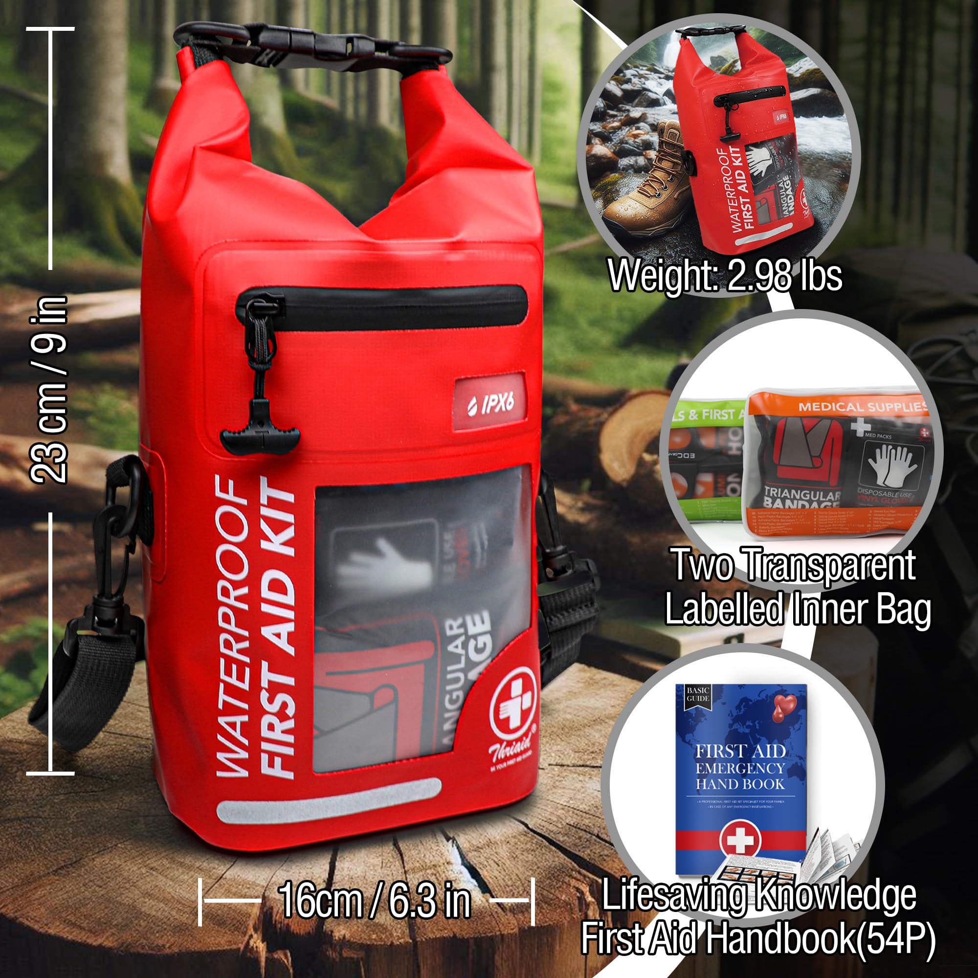 Wasserdichtes Erste-Hilfe-Set, Roll-Top, reflektierend, für Boote, Notfall, medizinisches Set, ideal für Bootfahren, Camping, Angeln, Kajakfahren, Schwimmen, Rot, 250 Stück