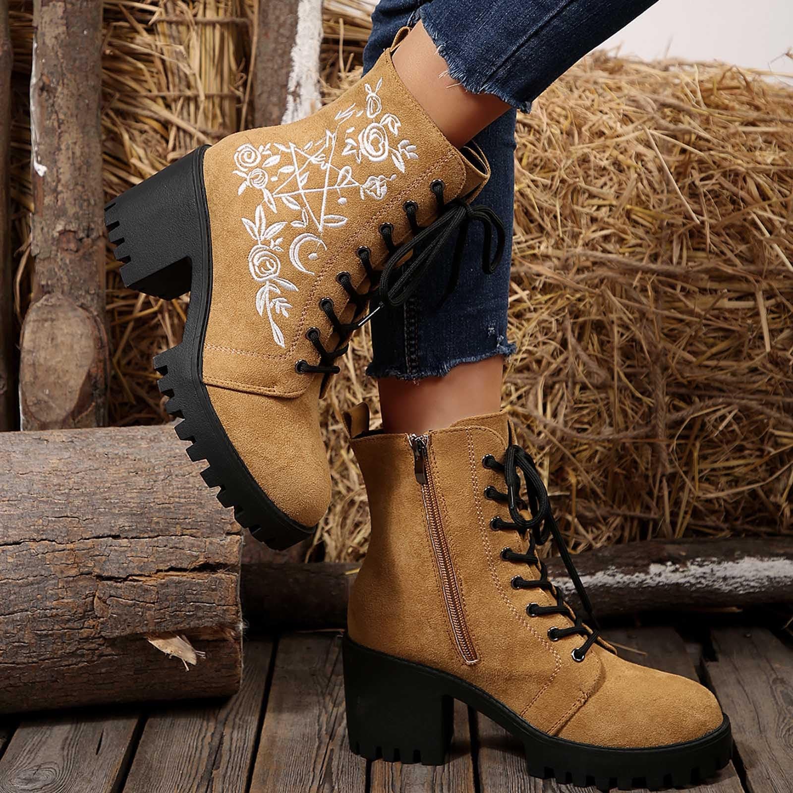 Generisch Botines de mujer con cordones con estampado floral bordado tacón grueso Zapatos cortos para comodidad diaria de moda