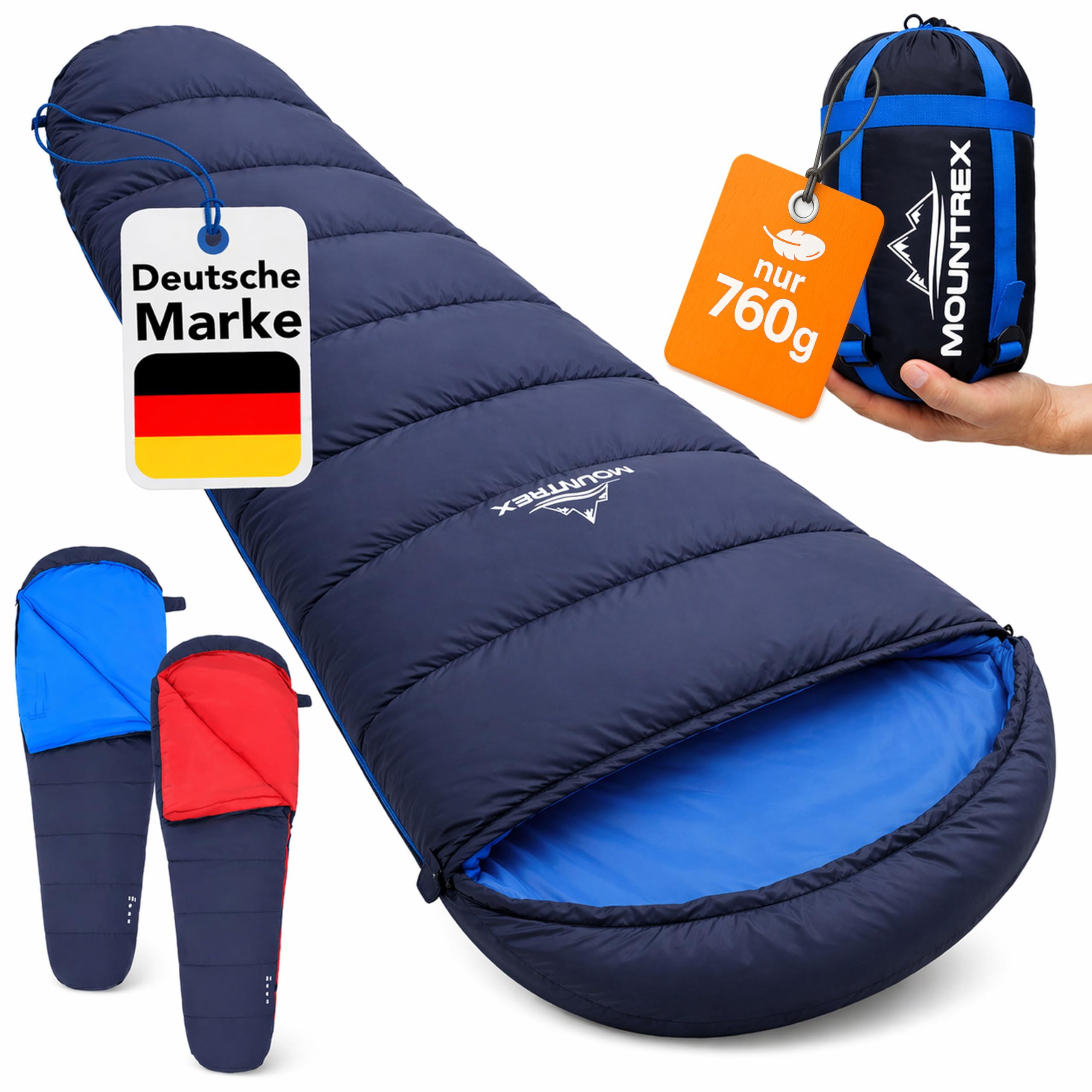 MOUNTREX Schlafsack Winter Sommer - Kleines Packmaß & Ultraleicht (760g/1500g) - Outdoor Camping Sommerschlafsack (100GSM) / Winterschlafsack (300GSM) Mumienschlafsack – Warm und Koppelbar