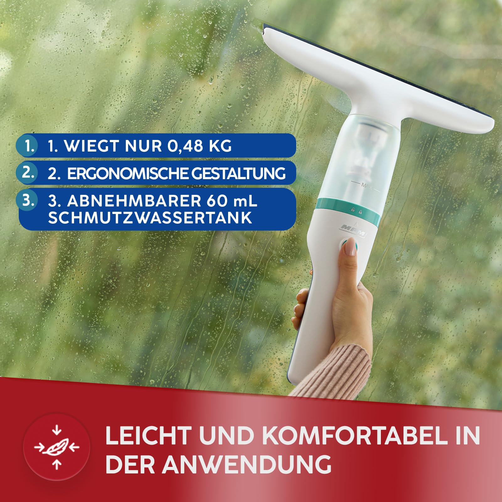 MPM Aspirateur de fenêtre MDS-01 - Aspirateur de fenêtre qui aspire automatiquement l'eau - Sans traces ni taches d'eau - 40 minutes d'autonomie avec une charge