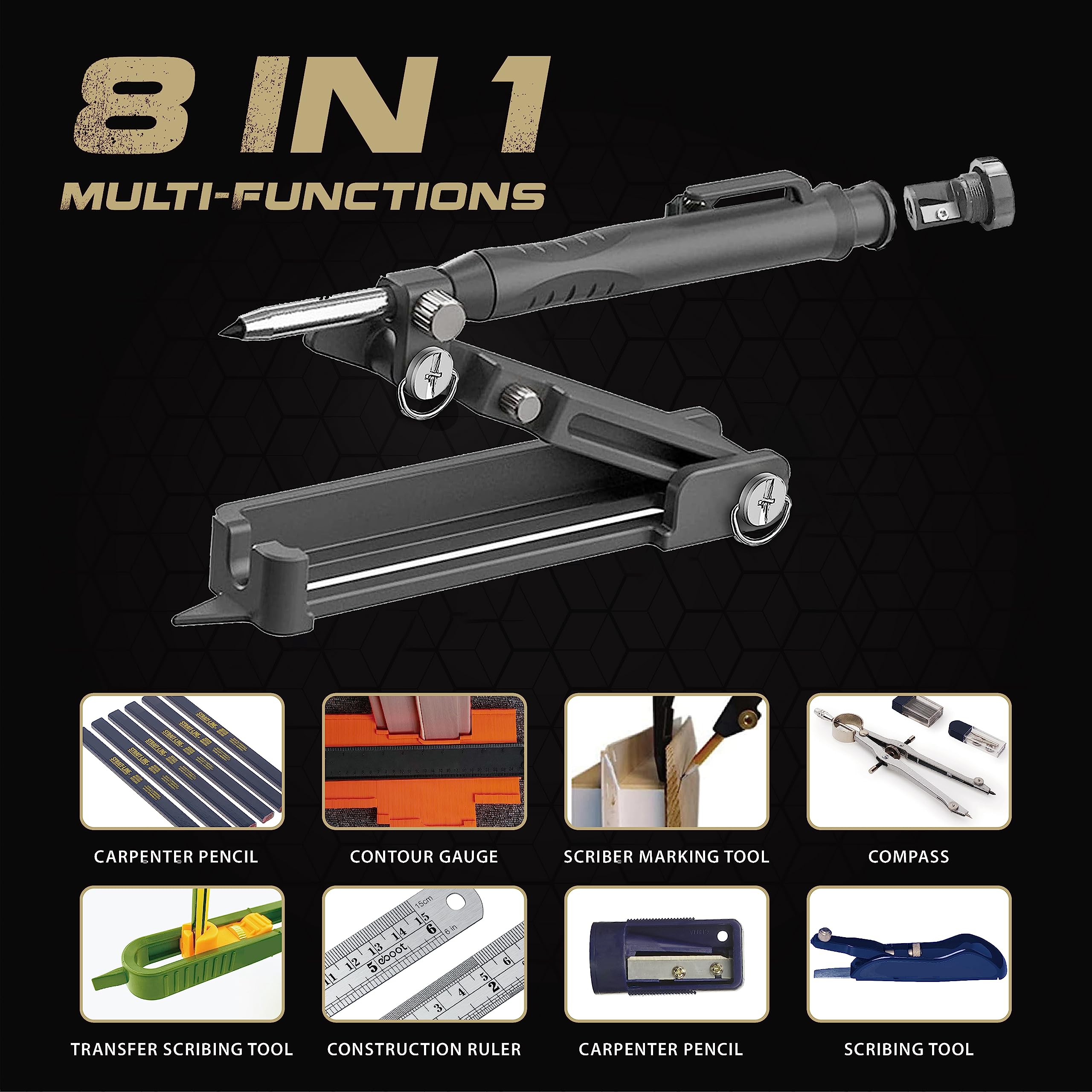 Multi-function Scribing Tool, Zinc Alloy Smart Scribe Tool with Solid Carpenter Pencil, DIY Scribe Tool Woodworking, Gauge Scriber Line Maker, Measuring Tool with Scale, Black — Amazon image 2