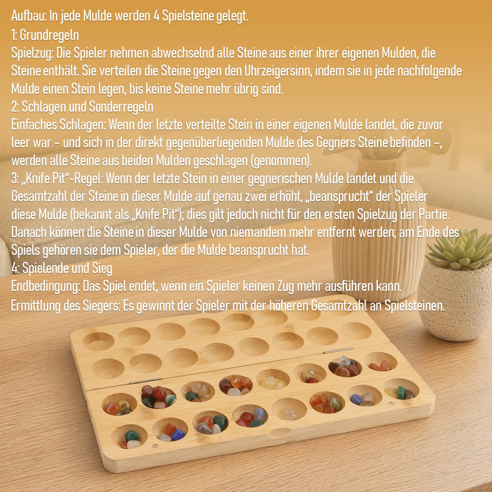 Scettar Steinchenspiel, Kalaha, Edelsteinspiel aus hochwertigem Holzbrett – faltbar, mit Beutel und 65 bunten Steinen, trainiert Strategie und Logik, Geschenk für Erwachsene und Familien