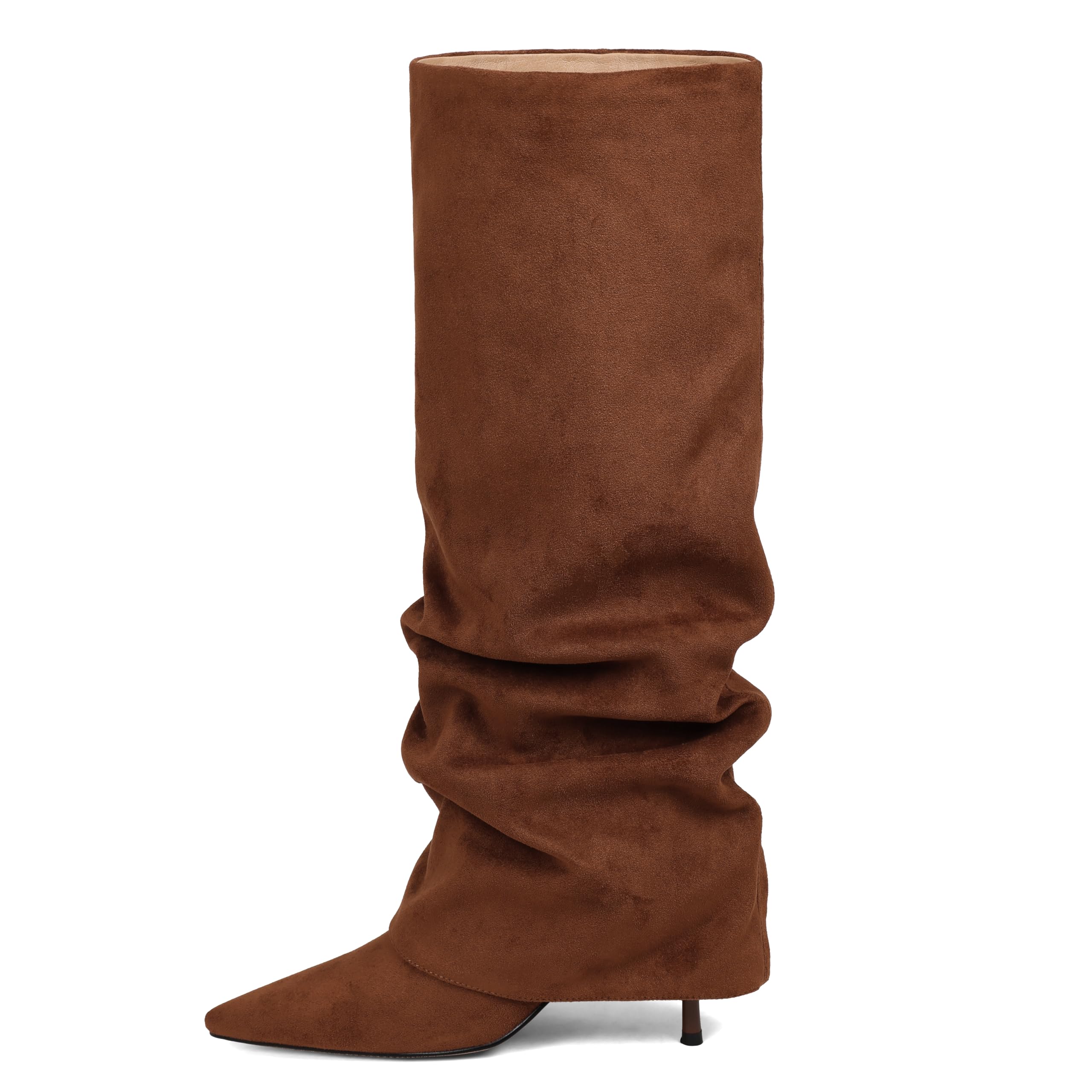 Womens Knee High Boots Fold Over Shark Boots Stiletto Heels Slouchy Long Boot Pointed Toe Thigh High Dress