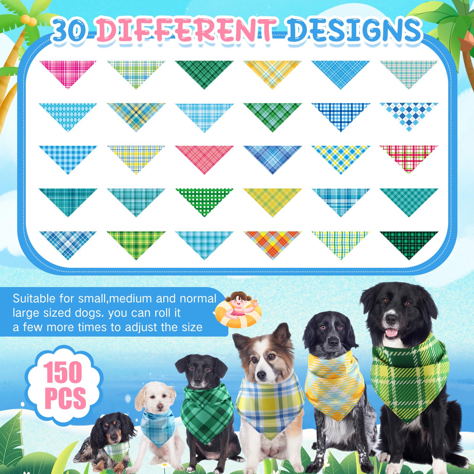 Pickmesh Lot de 150 bandanas à carreaux pour chien en vrac hiver printemps Pâques bandana réglable lavable pour animal domestique Fournitures de toilettage saisonnières pour chiens de petite et grande