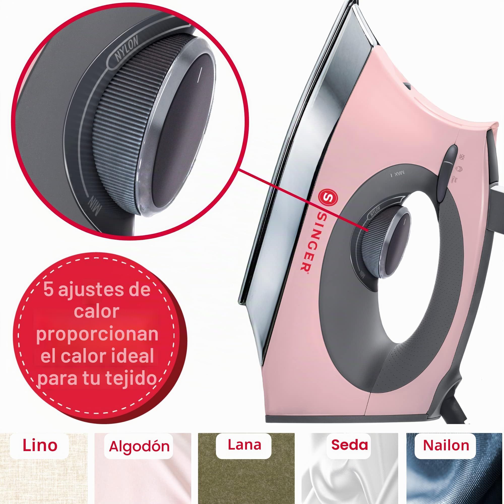 SINGER SteamCraft Steam Iron (1700W) | Steamer with Stainless Steel Plate, OnPoint Precision Tip for Hard-to-Reach Areas, Vertical Steam, Auto Shutoff & 300ml Tank Capacity – Pink