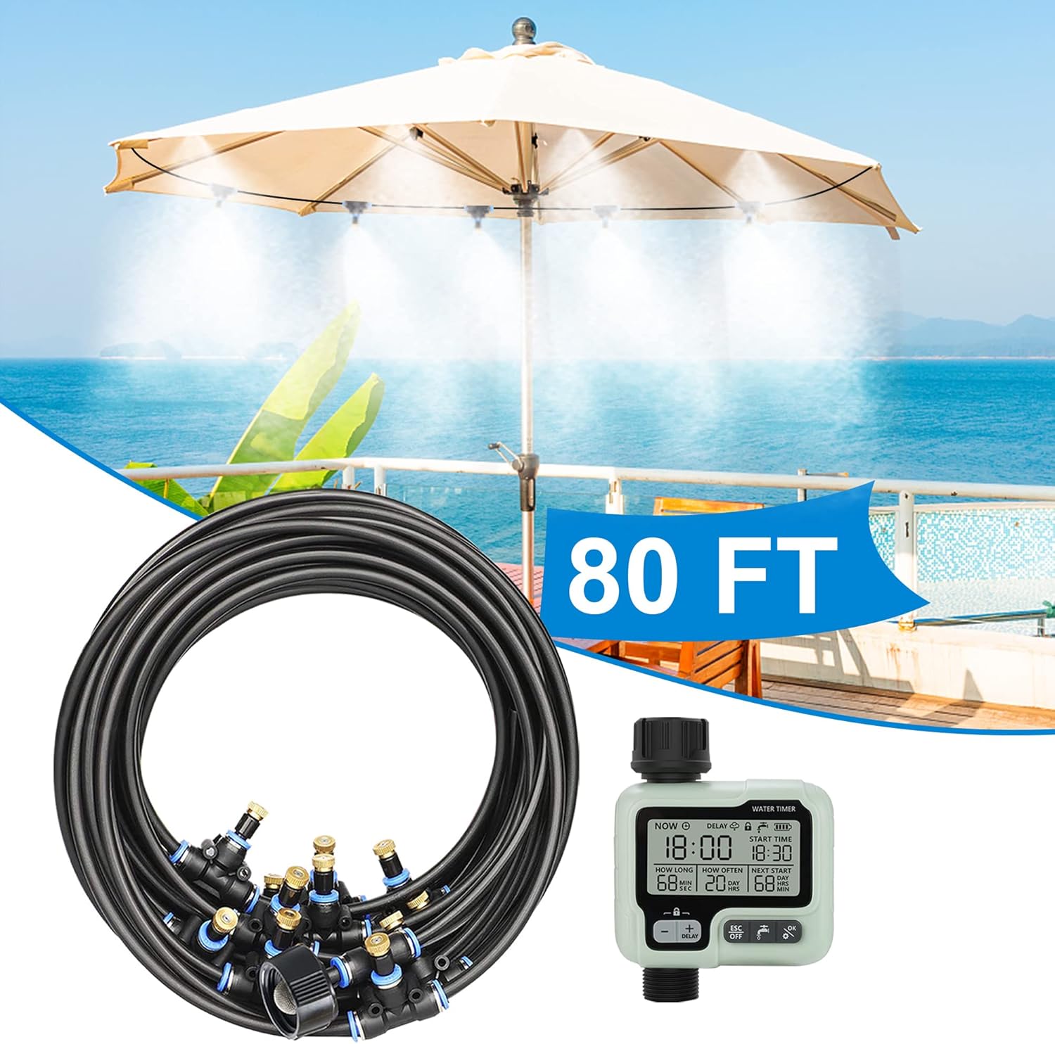 Smart Misting Cooling System,Control Outside Water Misters for Outdoor Patio,80Ft(24M),Automatic Backyard Mist Hose Kits with Sprinkler Timer Yard,Lawn,Garden,Greenhouse,Fan,Umbrella,Canopy,Pool,Porch