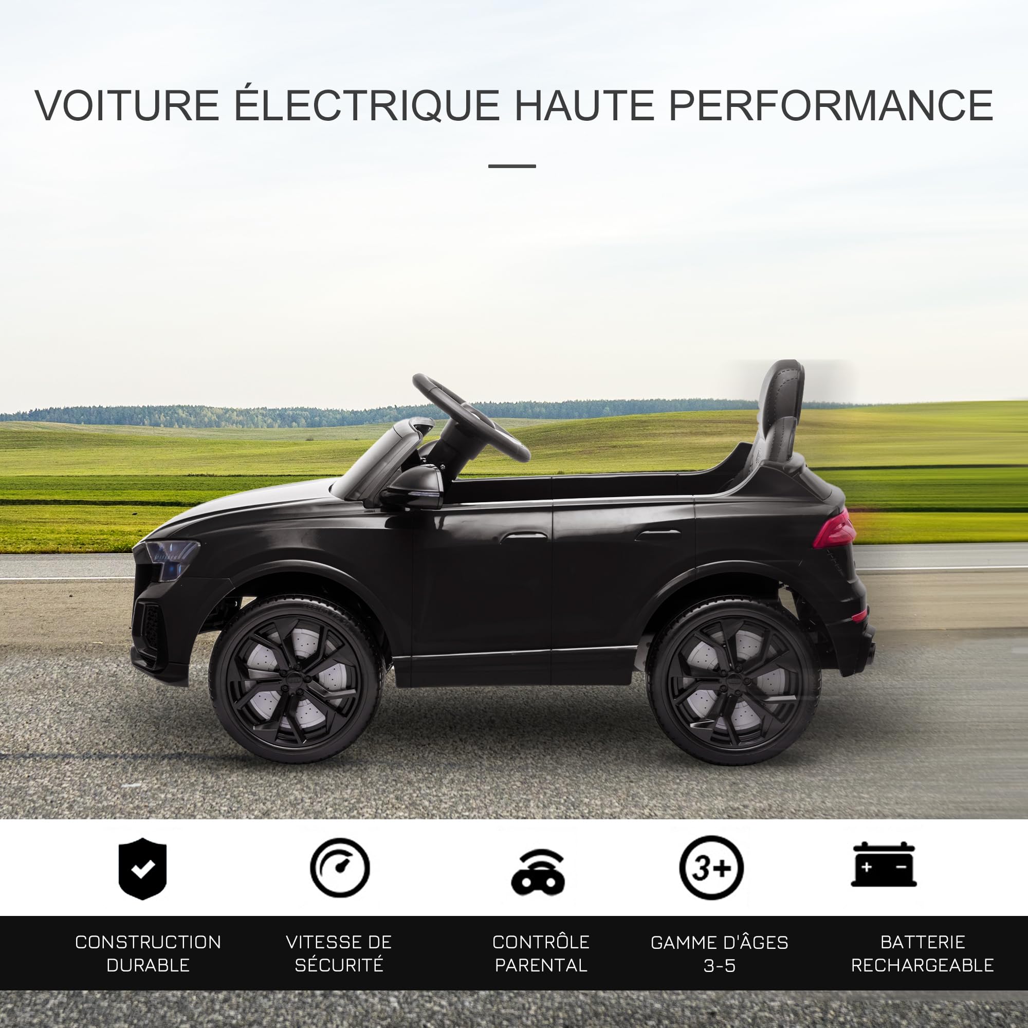 HOMCOM Voiture électrique Enfants sous Licence Audi RS Q8, Voiture à Batterie 6 V, véhicule électrique avec télécommande, USB, Musique, Bluetooth, pour Enfants de 3-5 Ans, Noir