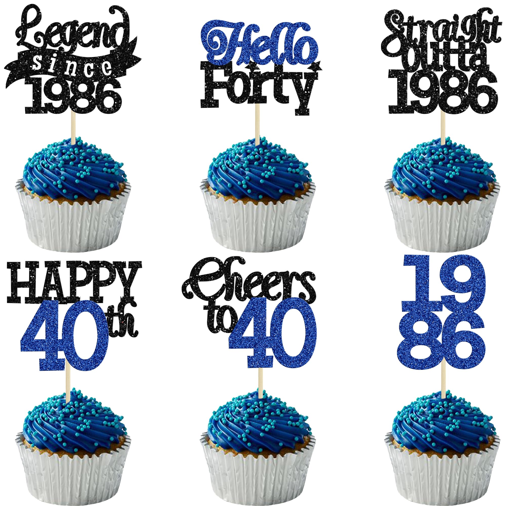 Gyufise 24Pcs Happy 40th Birthday Cupcake Toppers Hello Forty Legend Since 1986 Cupcake Picks Cheers to 40 Years Cake Decorations for 40th Birthday Anniversary Party Supplies Black Blue