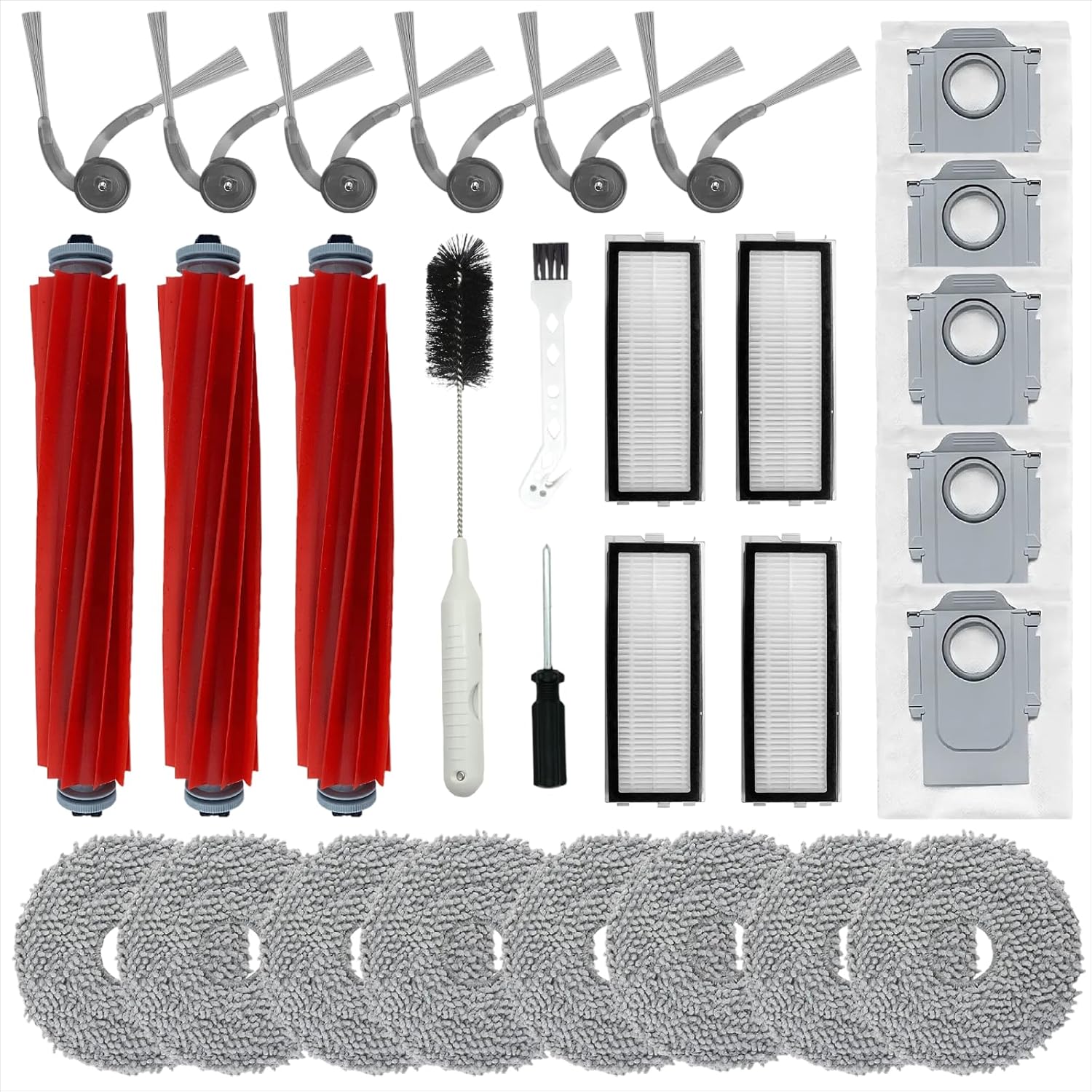 （29 Pcs） Replacement Accessories Kit Compatible with Roborock QV 35A/QV 35S Robot Vacuum, 3 Main Brush, 6 Side Brush, 4 HEPA Filter, 8 Mop Pads, 5 Dust Bag,2 Cleaning Brush, 1 Screwdriver