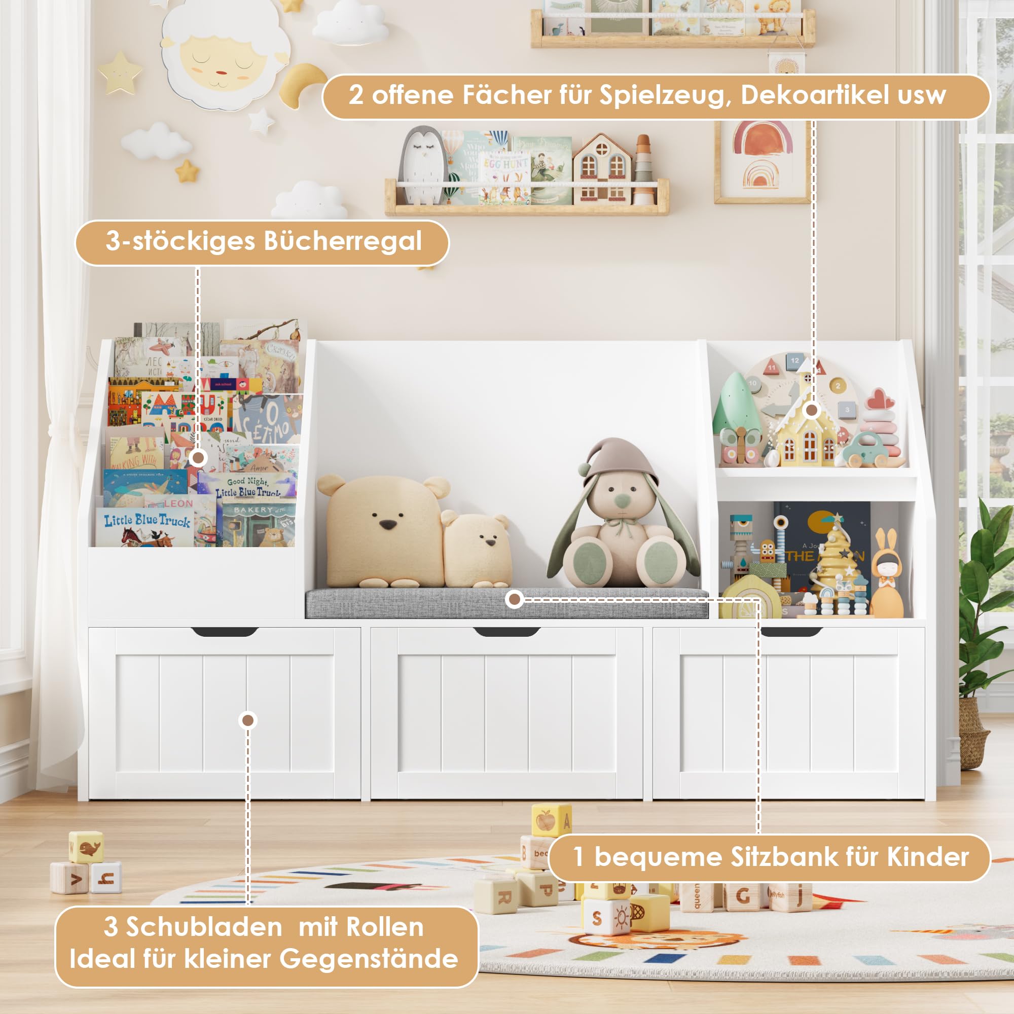 FOREHILL Kinderregal mit Sitzbank Kinderzimmer Möbel mit 3 Aufbewahrungsboxen für Spielzeug Bücherregal für Kinder mit 4 Ebenen, Regal für Kinderzimmer Leseecke 140x80x39,5 cm Weiß