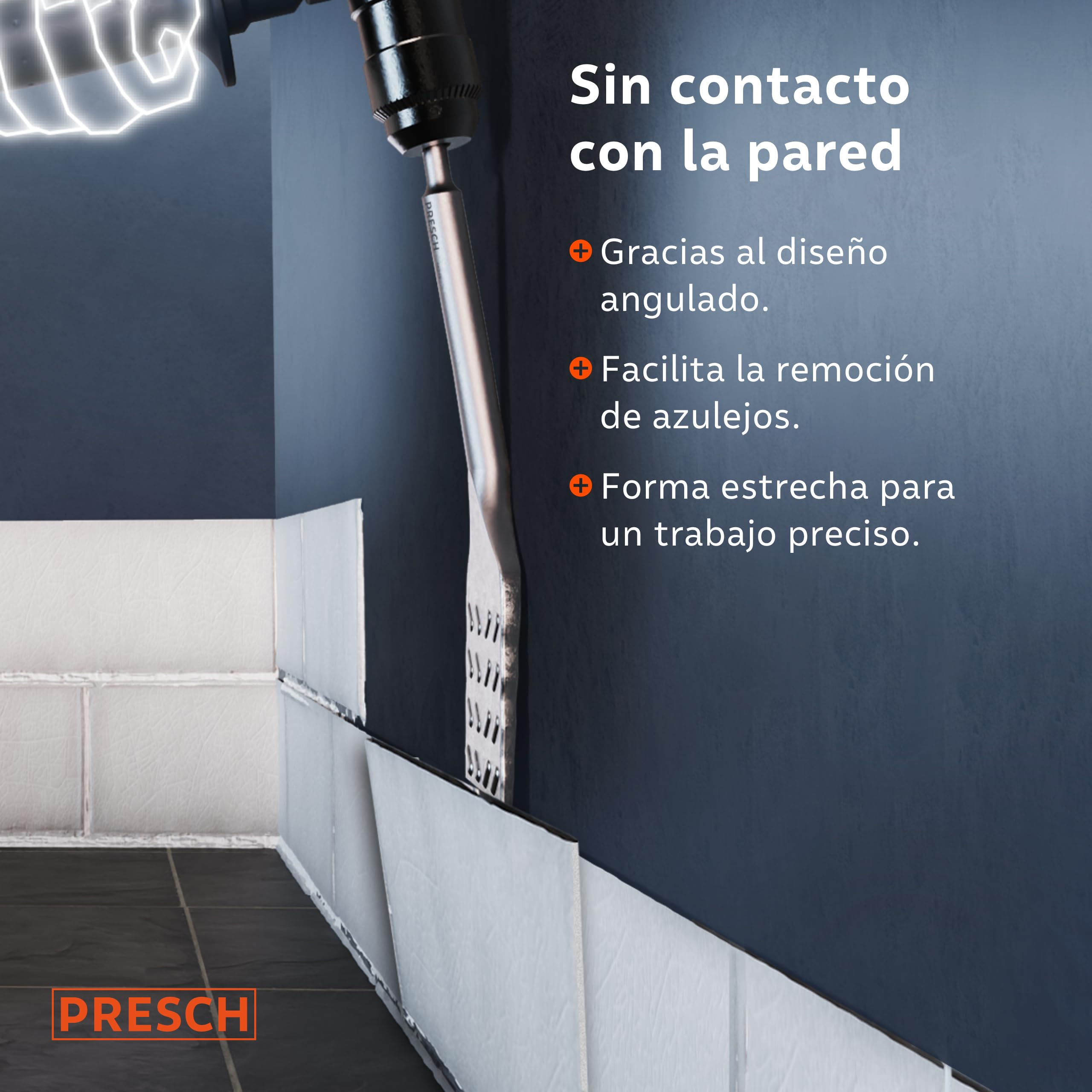 PRESCH SDS plus Cincel Azulejos - Extra largo (250mm) - Bord de corte extremadamente duradero (50mm ancho) - Acodado para facilitar la extracción de azulejos - Acero de alto rendimiento