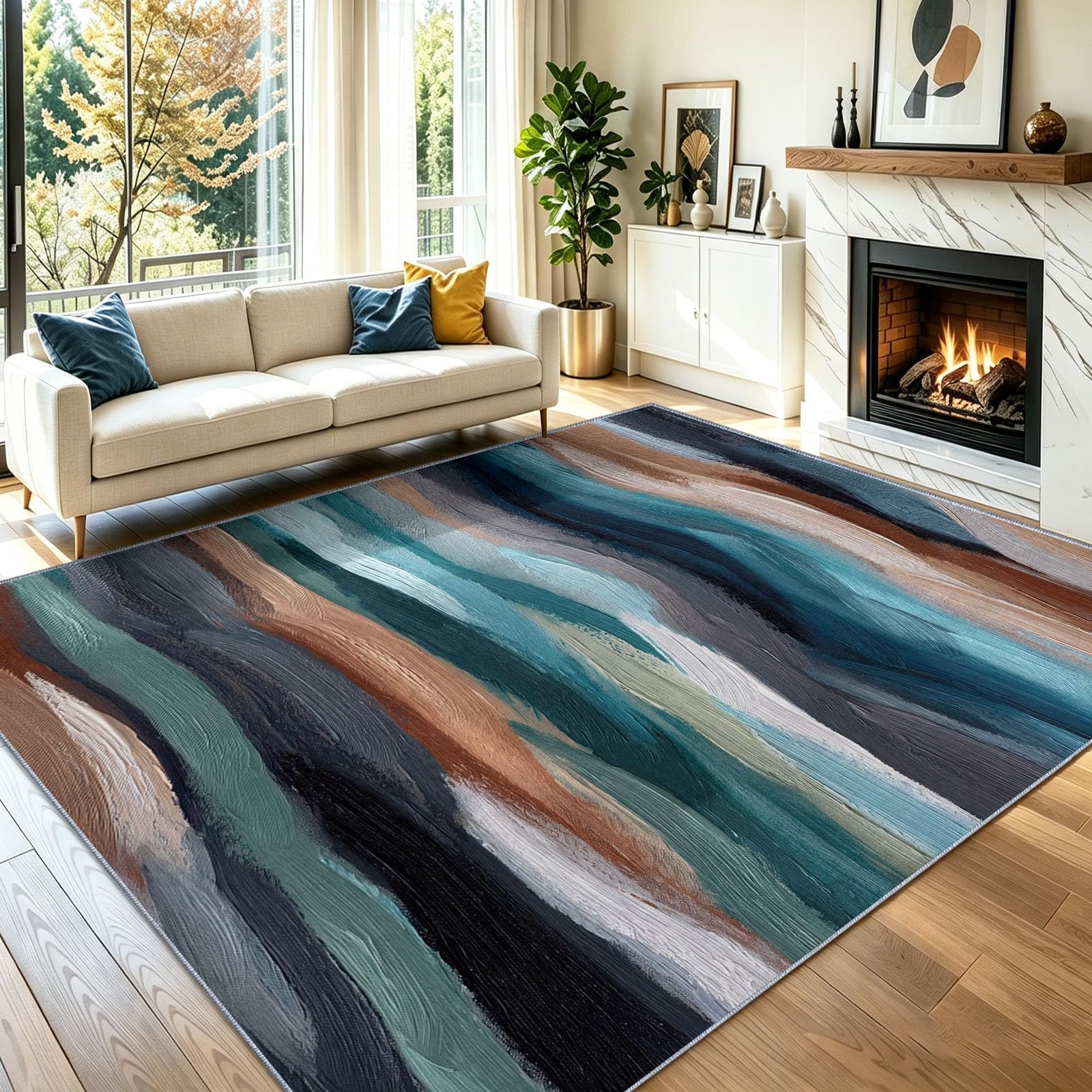 Tapis de salon tourbillon vague 160x230 cm lavable et abstrait