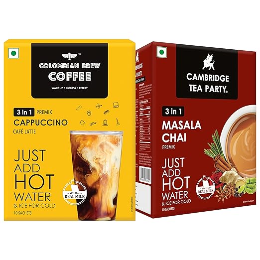 Colombian Brew 3 in 1 Cappuccino Cafe Latte, Instant Coffee Premix, Cambridge Tea Party Instant Masala Chai Tea Premix, 10 Sachets Box Each